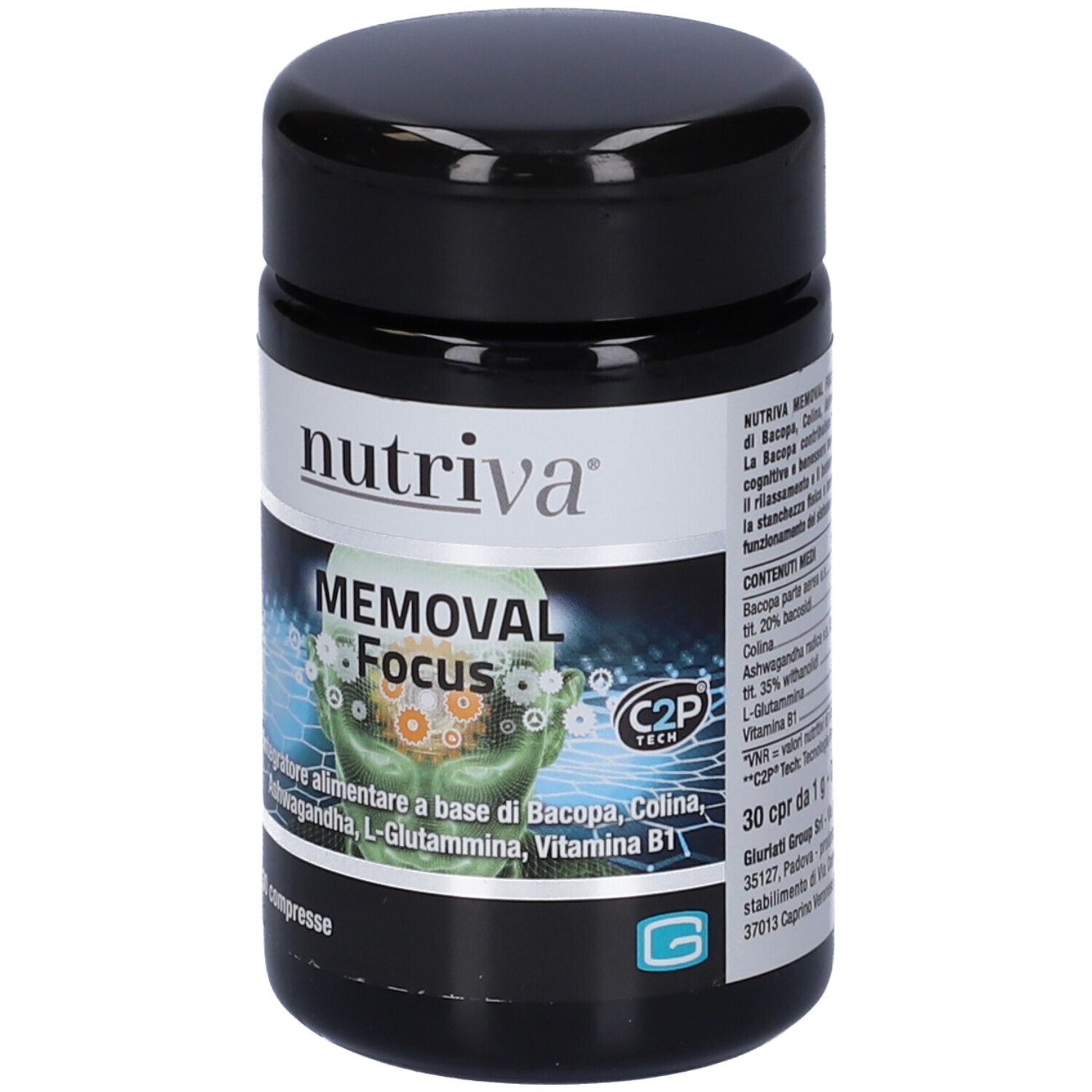 Barattolo nero con etichetta bianca. Scritta 'nutriva' e 'MEMORAL Focus'. Contiene 30 compresse. Con C2P Tech.