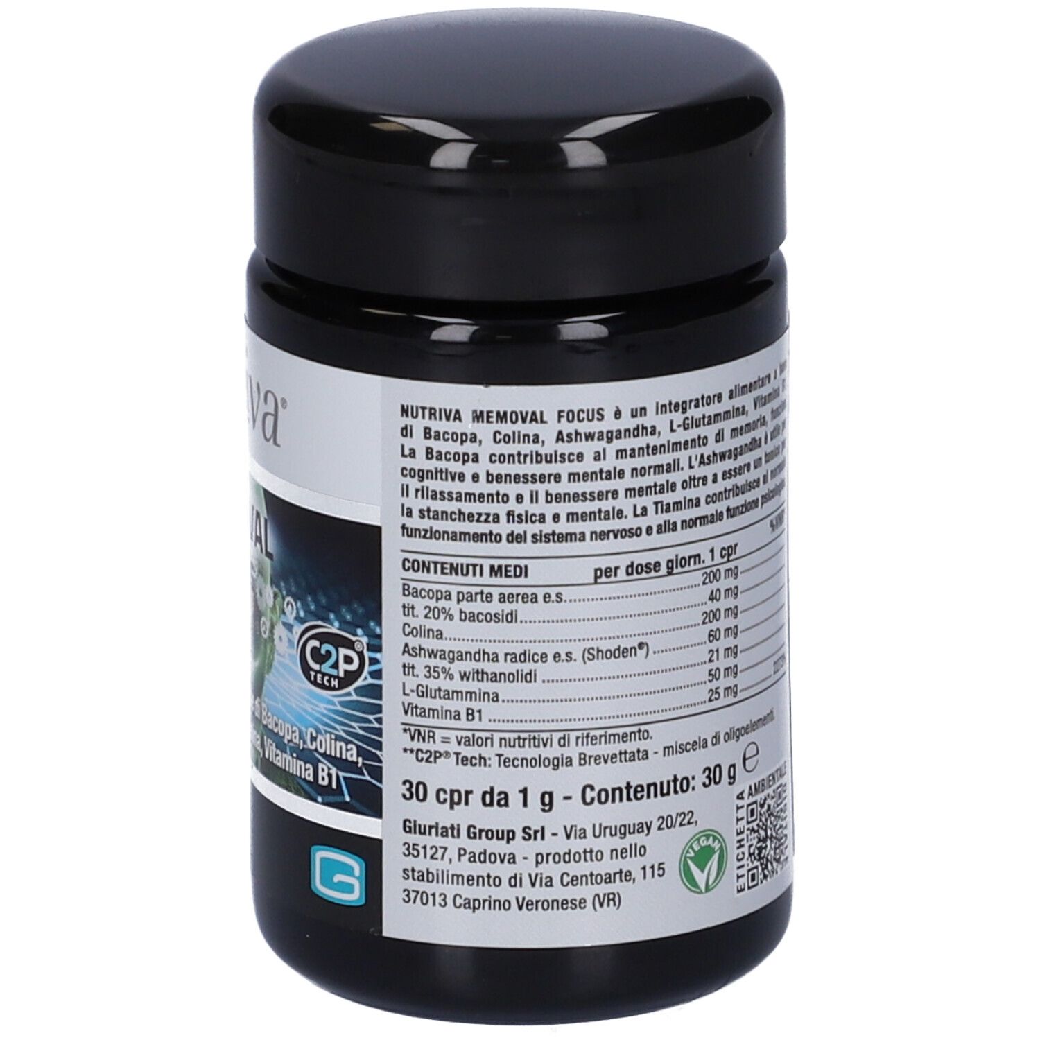 Barattolo nero con etichetta bianca. Scritta 'nutriva' e 'MEMORAL Focus'. Contiene 30 compresse. Con C2P Tech.