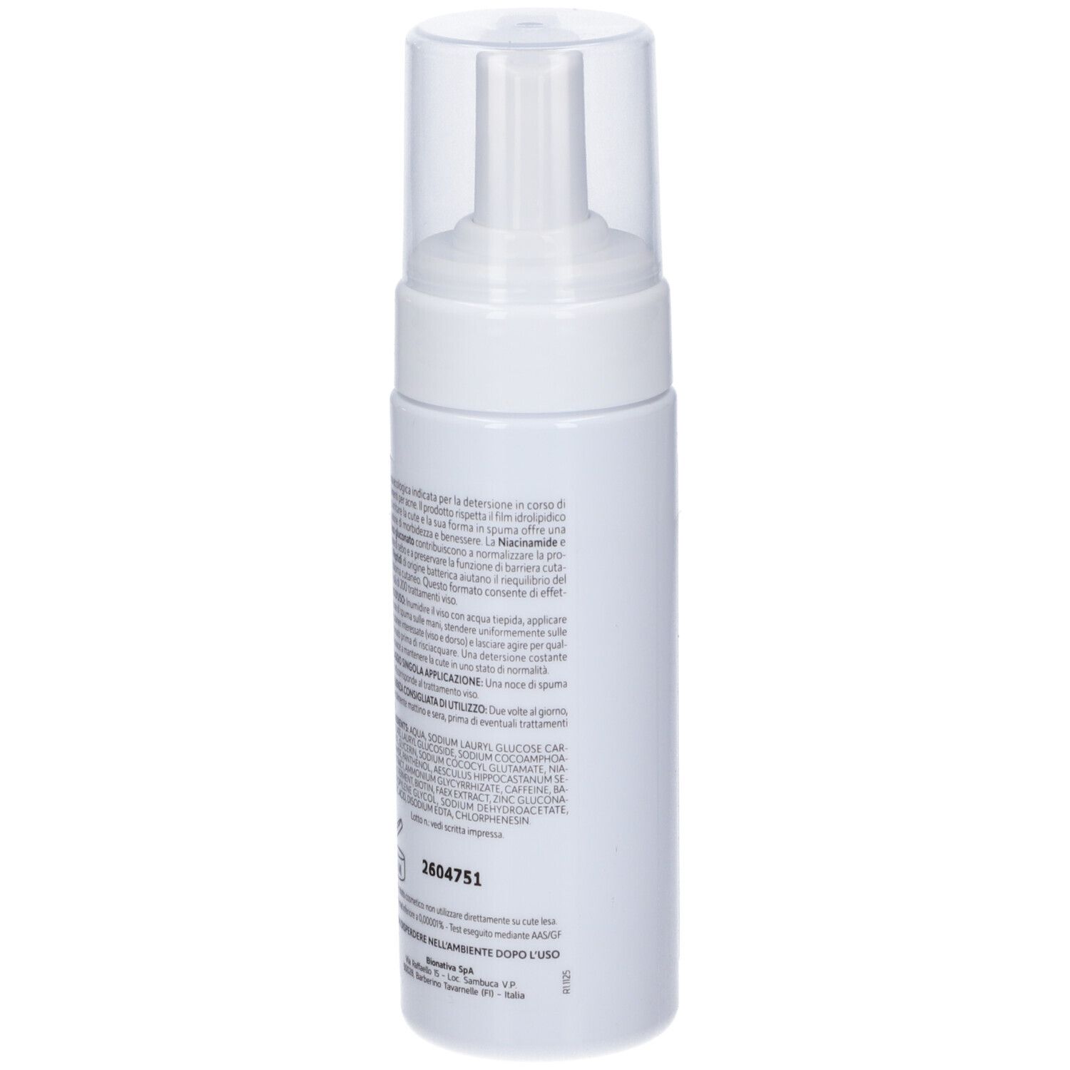 Rückseite des Pharcos Liposkin Bioma Schaumreiniger Spenders mit Produktinformationen.