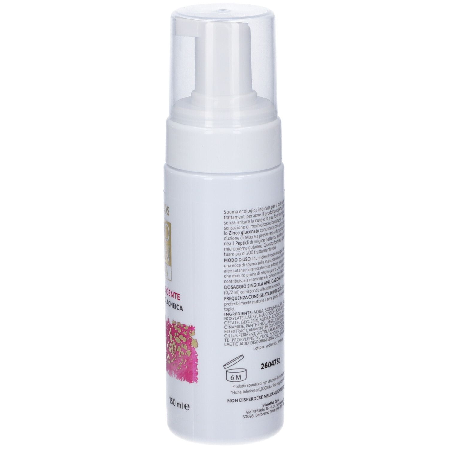 Rückseite des Pharcos Liposkin Bioma Schaumreiniger Spenders mit Inhaltsstoffen und Anwendung.