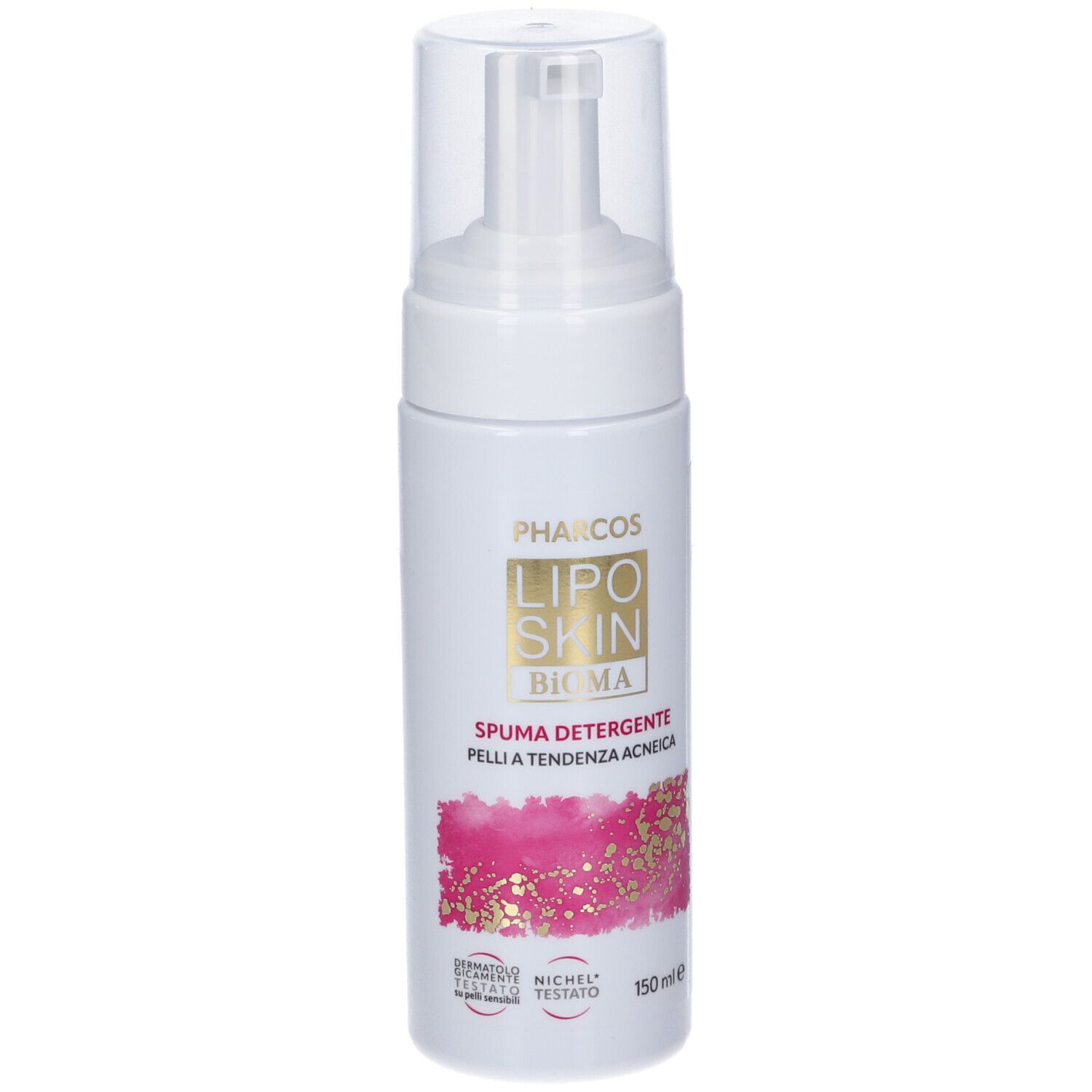 Pharcos Liposkin Bioma Schaumreiniger. Frontale Ansicht des Spenders mit goldenem Logo.