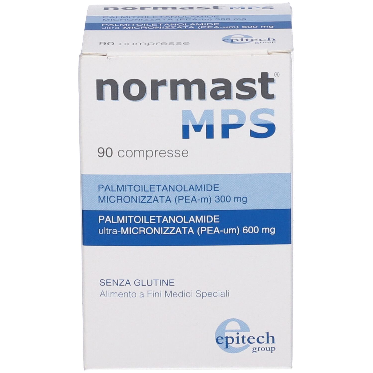 Boîte blanche avec nom du produit et informations. 90 comprimés. Sans gluten.