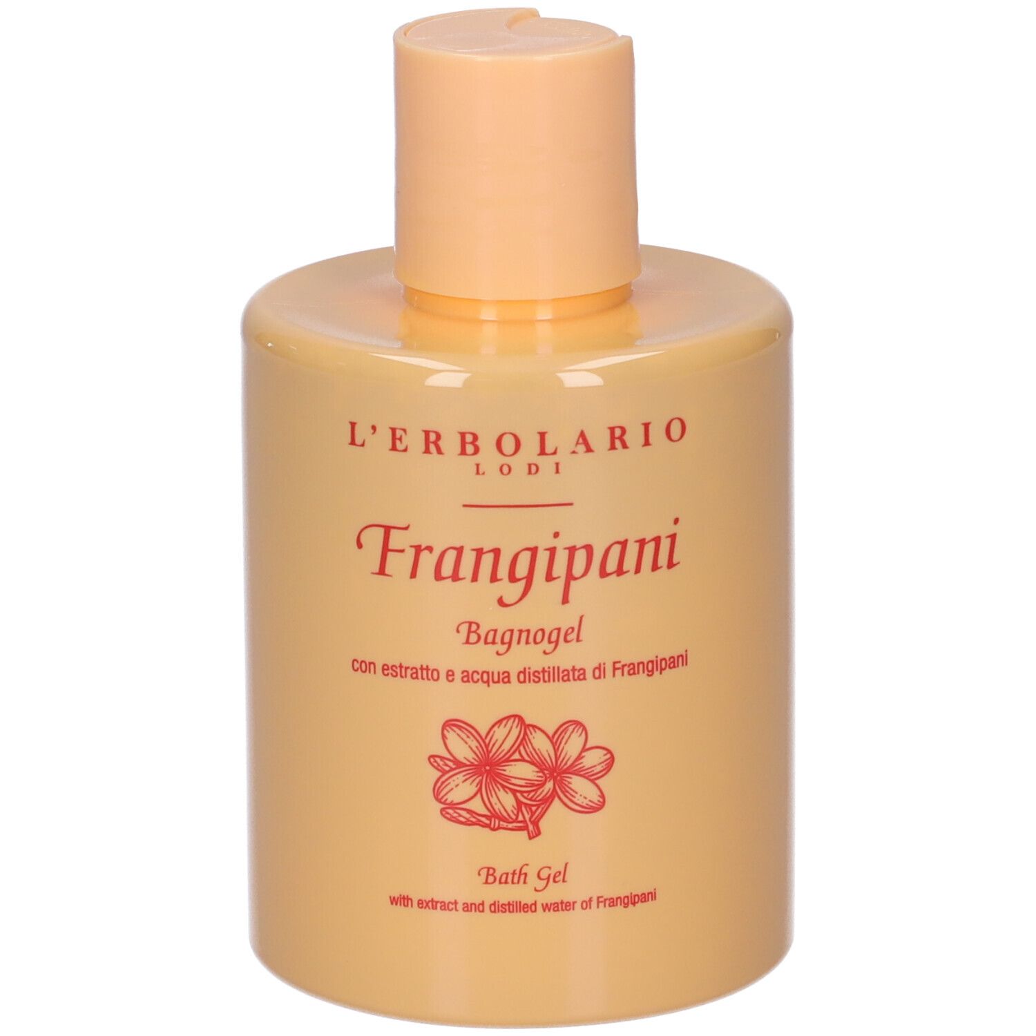 Flacone beige con tappo chiaro. Scritta Frangipani, bagnogel. Disegno di fiori rossi.