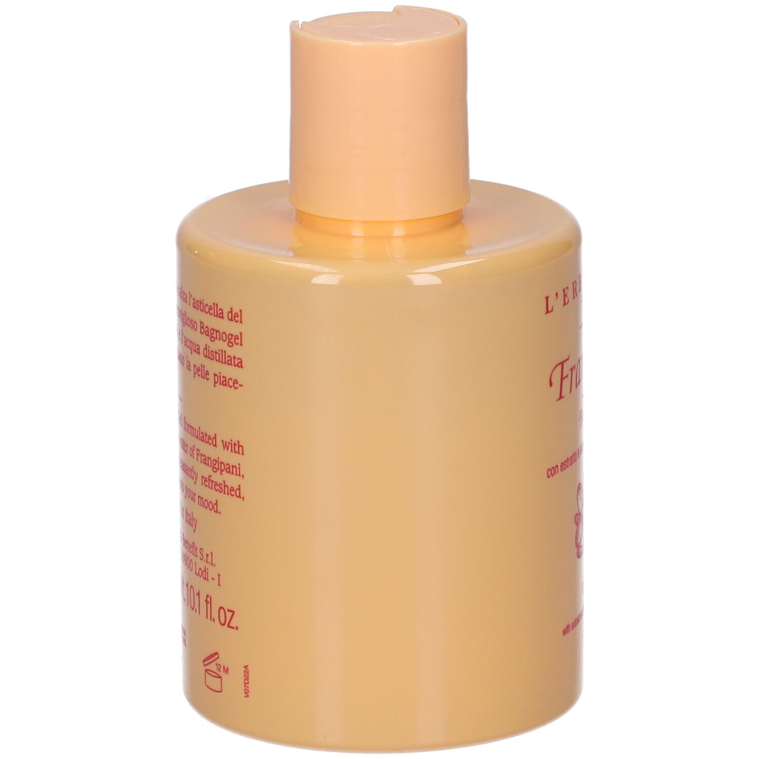 Flacone beige con tappo chiaro. Testo in italiano. Scritta Frangipani, bagnogel.