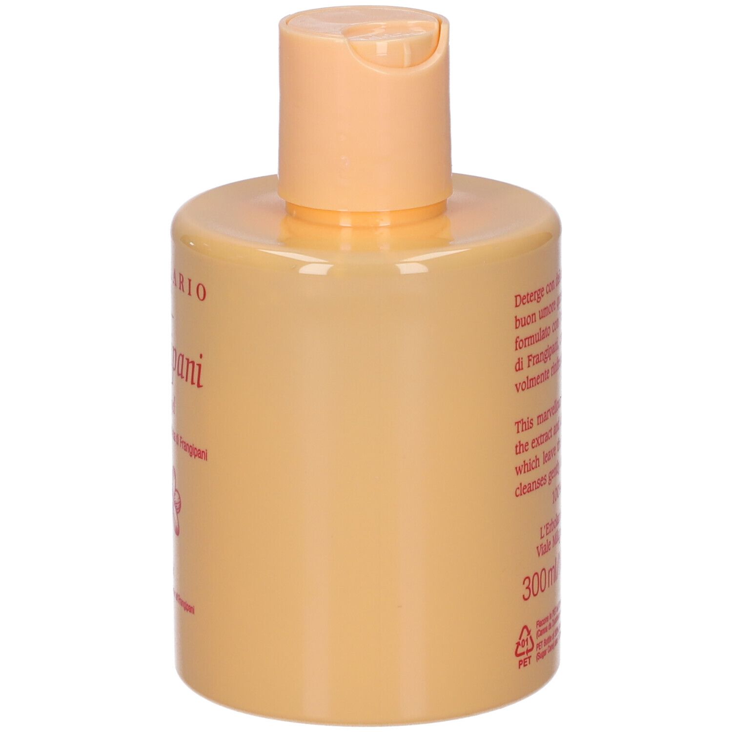 Flacone beige con tappo chiaro. Testo in italiano e inglese. Scritta Frangipani, bagnogel.
