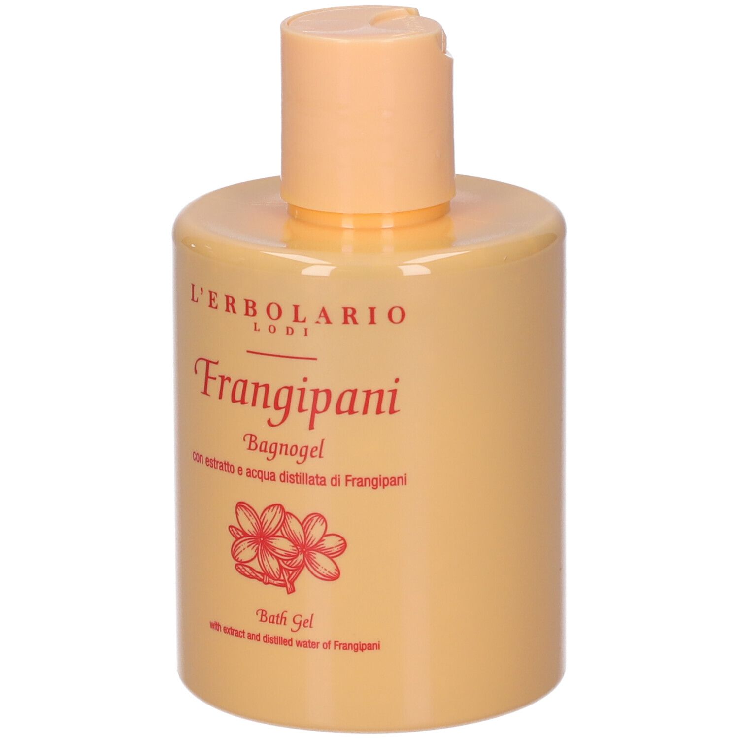 Flacone beige con tappo chiaro. Scritta Frangipani, bagnogel. Disegno di fiori rossi.