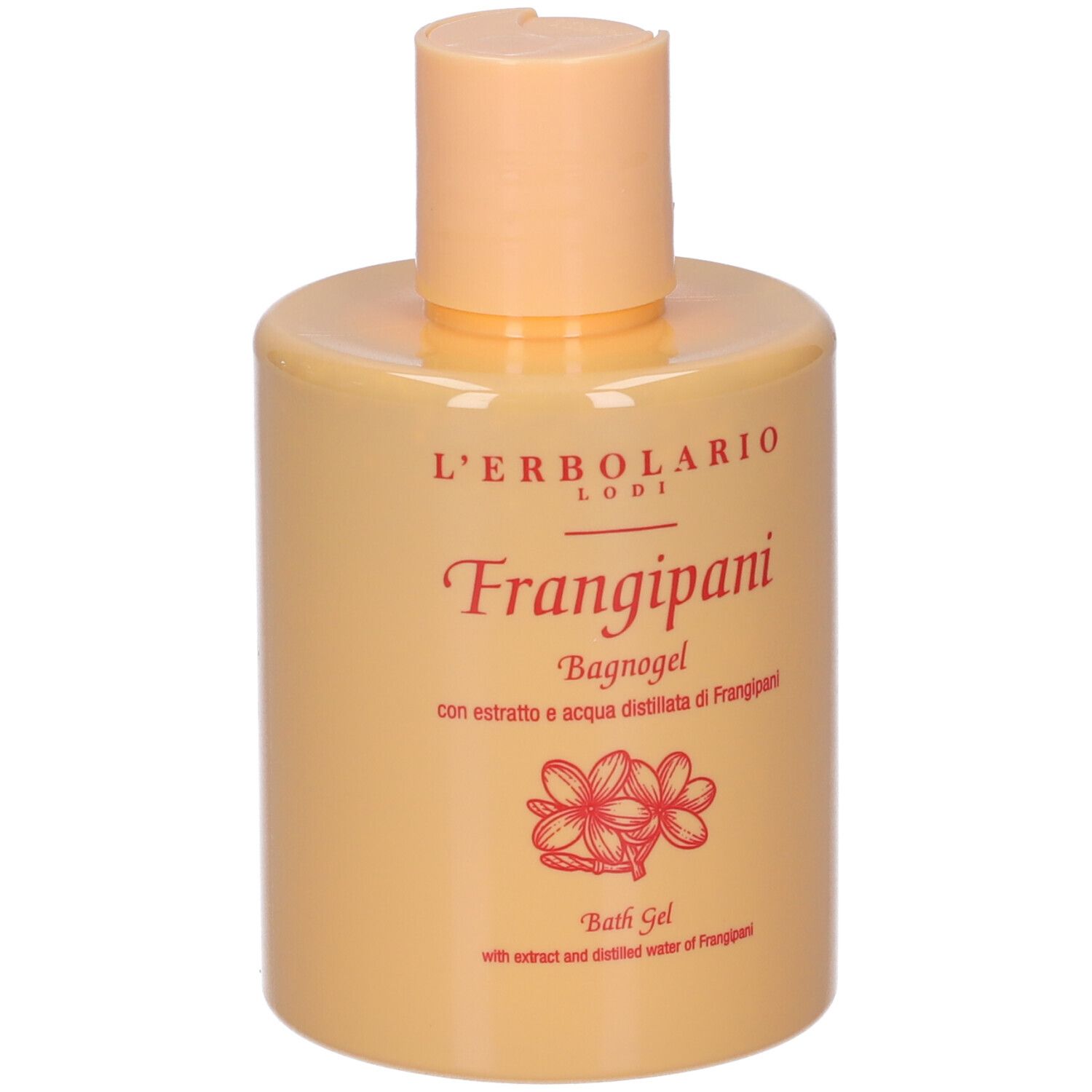 Flacone beige con tappo chiaro. Scritta Frangipani, bagnogel. Disegno di fiori rossi.