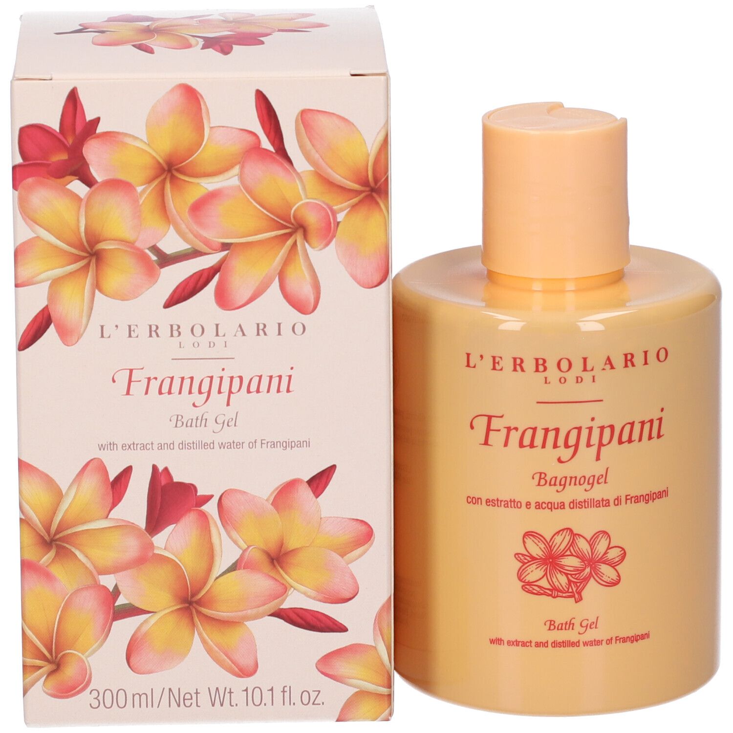Prodotto e confezione. Flacone beige con tappo chiaro e scatola. Scritta Frangipani, bagnogel.