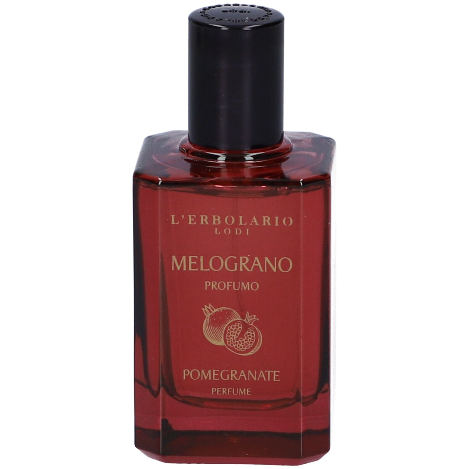 Profumo L'Erbolario Melograno. Flacone quadrato in vetro con liquido rosso e tappo nero. L'etichetta mostra il nome del marchio, il nome del prodotto e un simbolo di melograno.
