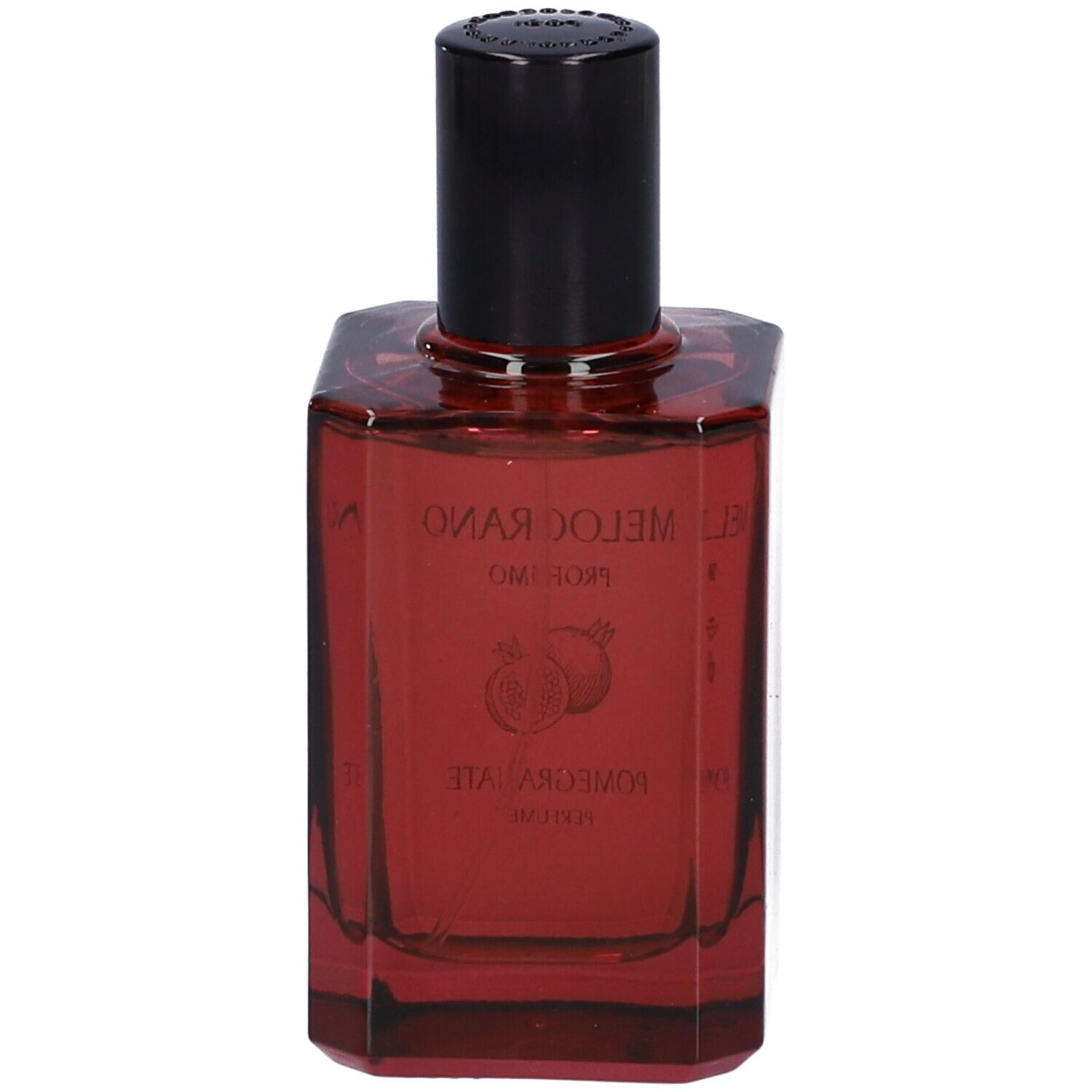 Profumo L'Erbolario Melograno. Flacone quadrato in vetro con liquido rosso e tappo nero. L'etichetta mostra il nome del marchio, il nome del prodotto e un simbolo di melograno.