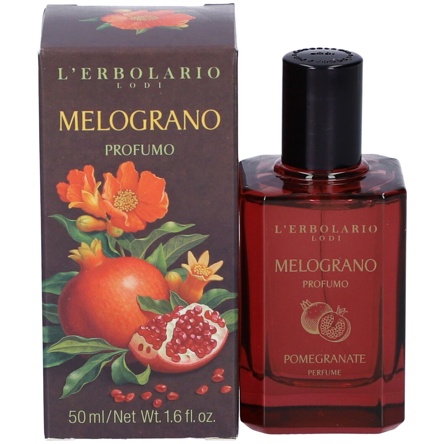 Profumo L'Erbolario Melograno con confezione. La scatola rettangolare e il flacone sono affiancati. Sulla scatola sono raffigurati un motivo di melograno, il nome del marchio e informazioni sul prodotto.