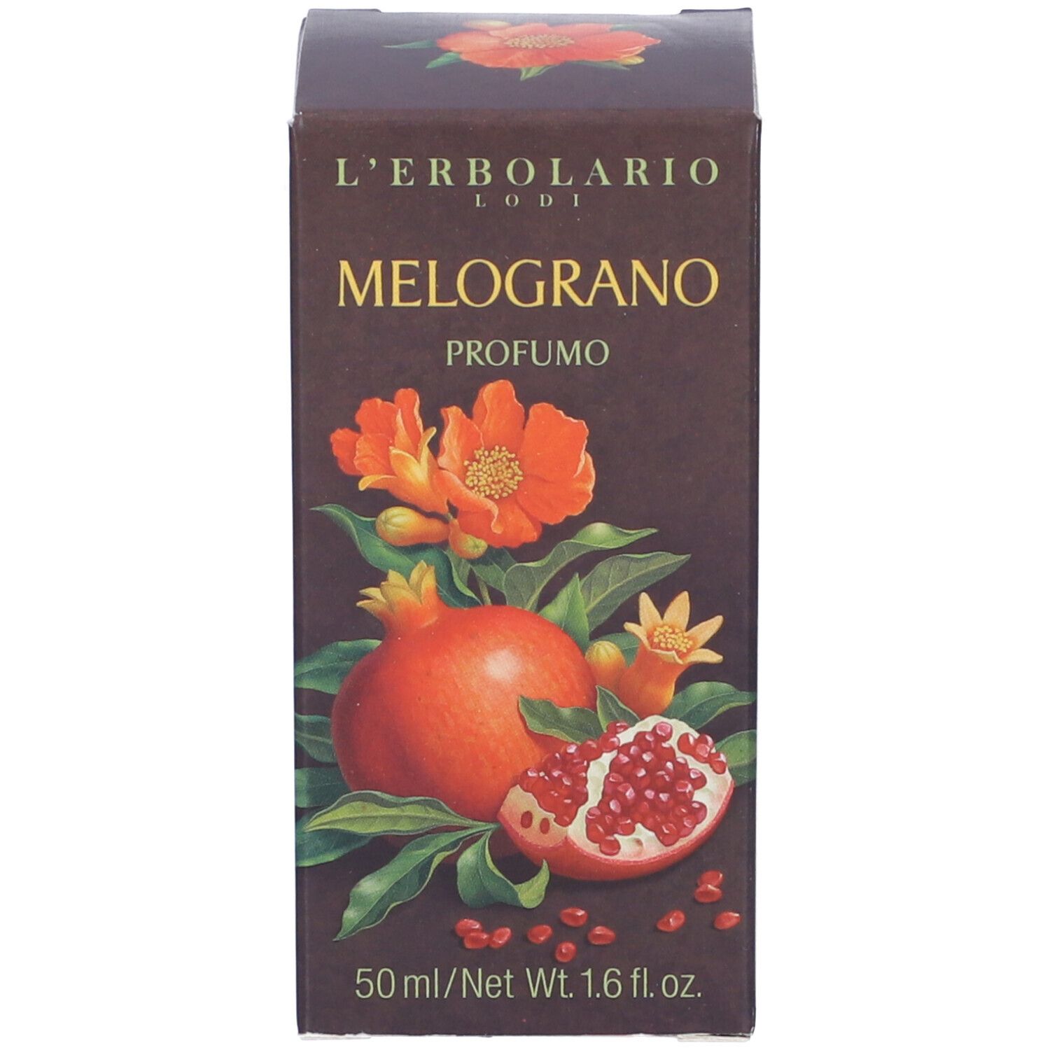 La confezione rettangolare del profumo L'Erbolario Melograno. Sul fronte sono raffigurati un motivo di melograno, il nome del marchio e informazioni sul prodotto. La confezione è marrone.