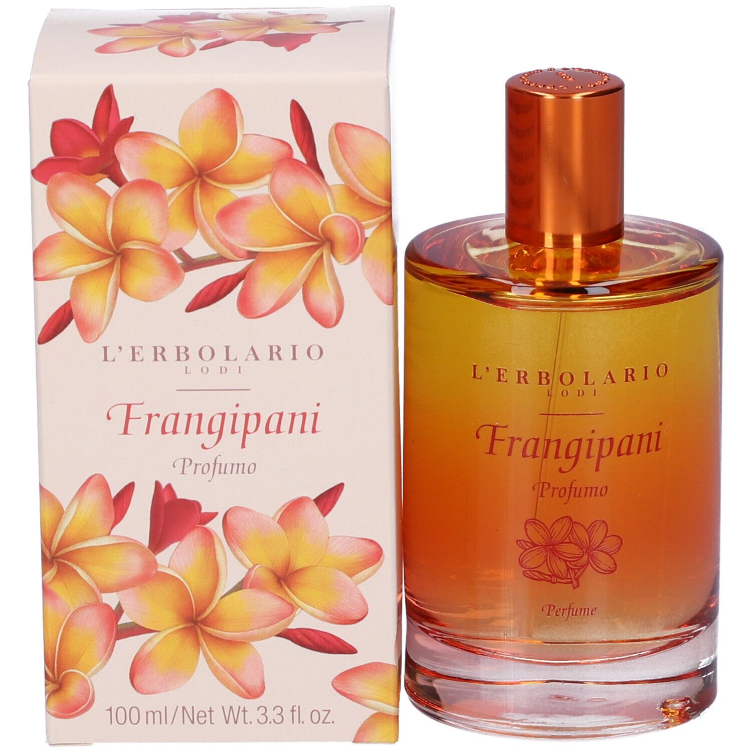 Flacone di profumo e scatola con motivo floreale. Scritta: Frangipani, Profumo, L'Erbolario.