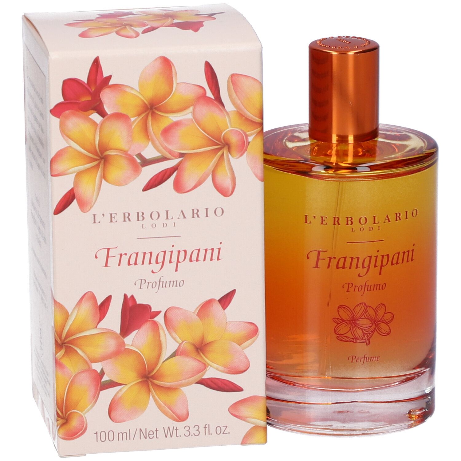 Flacone di profumo e scatola con motivo floreale. Scritta: Frangipani, Profumo, L'Erbolario.