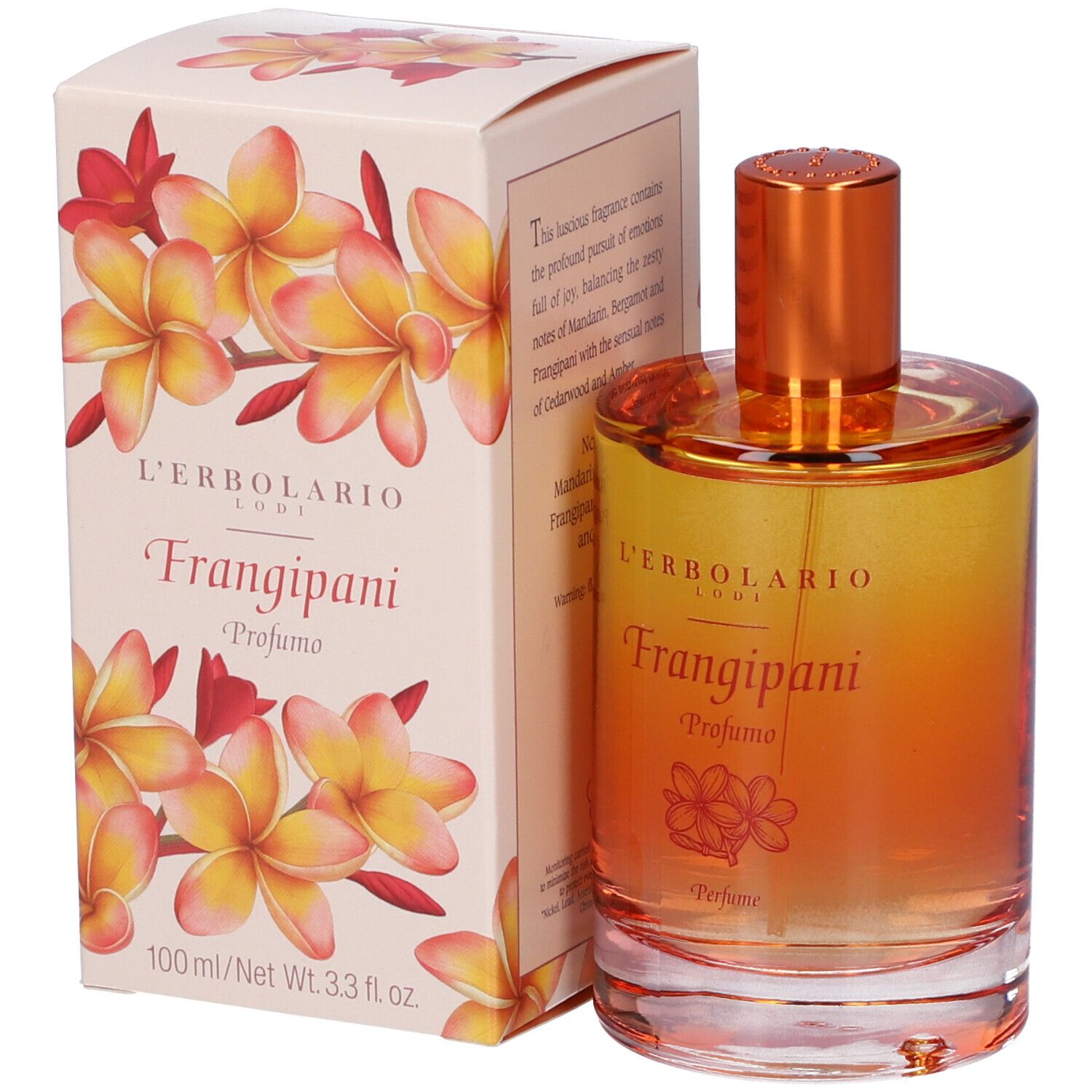 Flacone di profumo e scatola con motivo floreale. Scritta: Frangipani, Profumo, L'Erbolario.