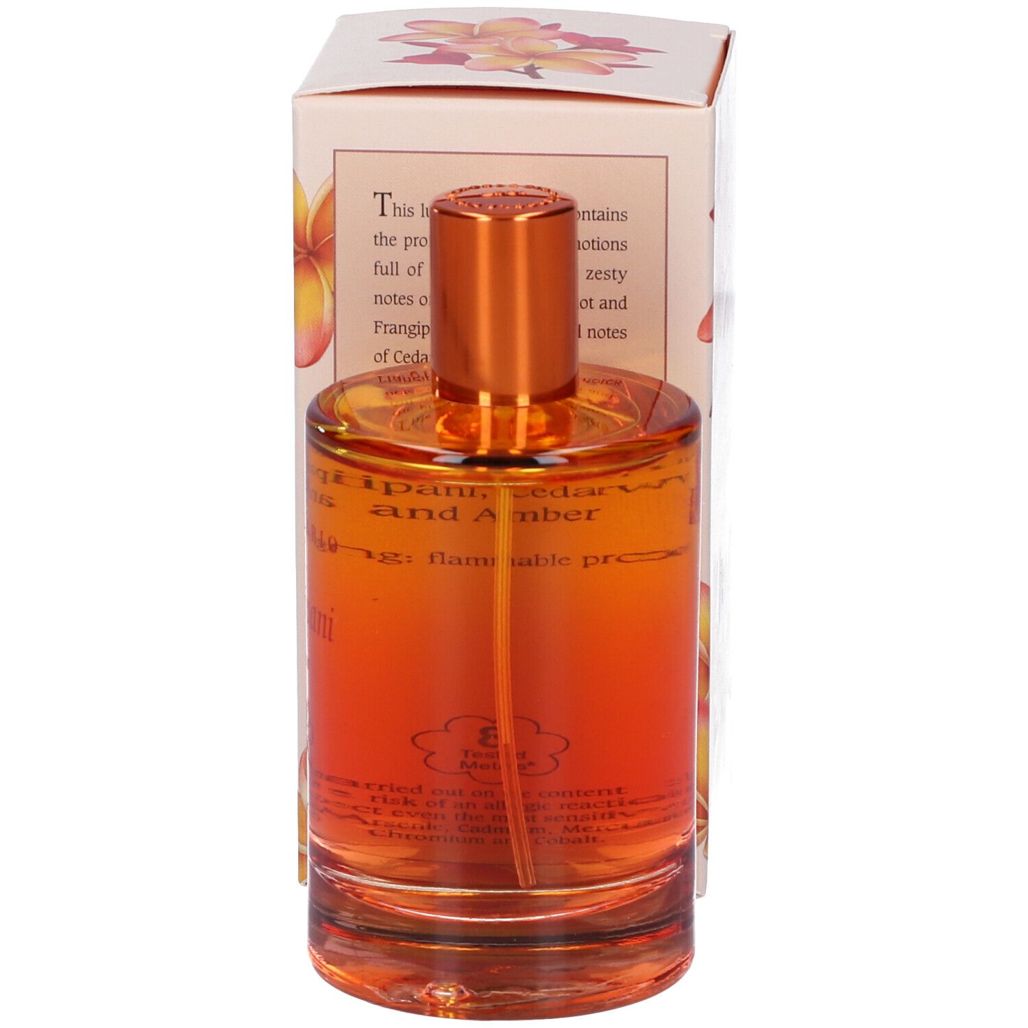 Flacone di profumo e scatola con motivo floreale. Scritta: Frangipani, Profumo, L'Erbolario.