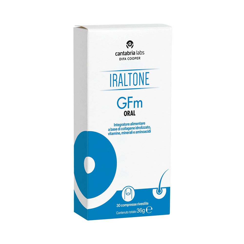 Weiße Schachtel mit blauer Grafik. Aufschrift: Iraltone Gfm Oral. 30 Tabletten, 36g.
