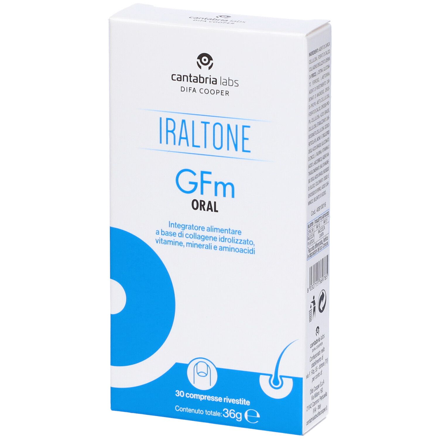 Weiße Schachtel mit blauer Grafik. Aufschrift: Iraltone Gfm Oral. 30 Tabletten, 36g.