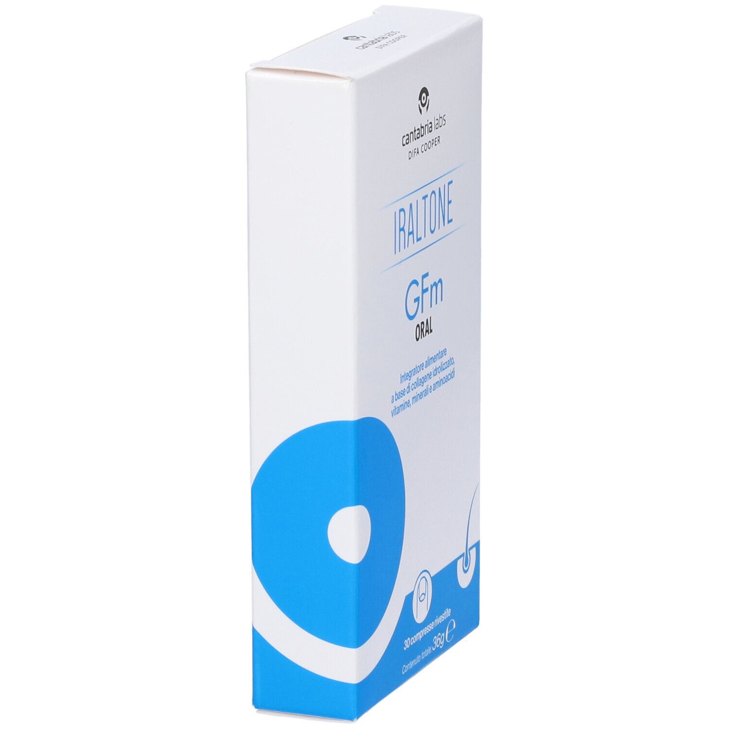 Weiße Schachtel mit blauer Grafik. Aufschrift: Iraltone Gfm Oral. 30 Tabletten, 36g.
