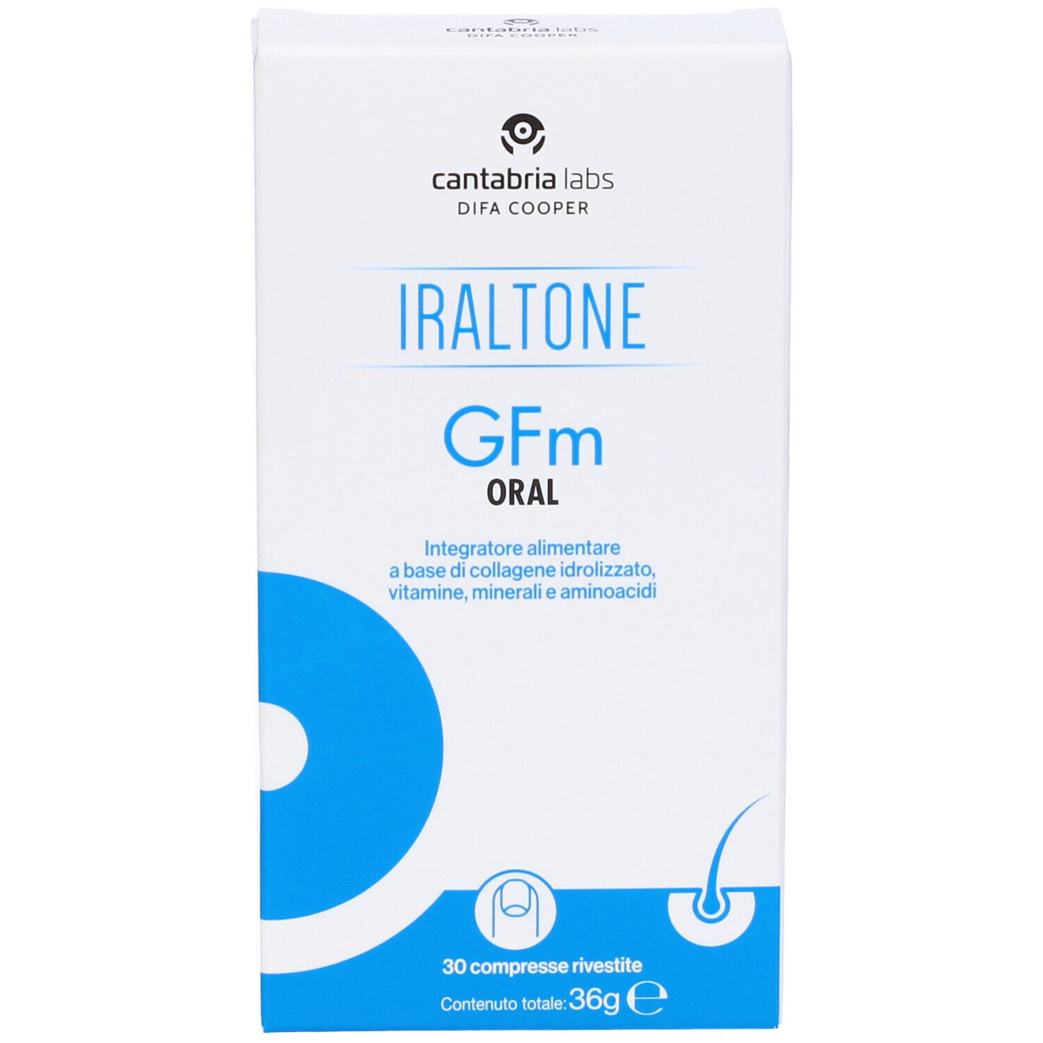 Weiße Schachtel mit blauer Grafik. Aufschrift: Iraltone Gfm Oral. 30 Tabletten, 36g.