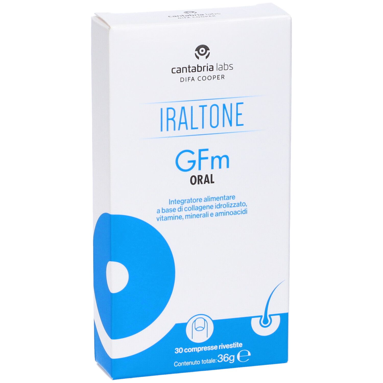 Weiße Schachtel mit blauer Grafik. Aufschrift: Iraltone Gfm Oral. 30 Tabletten, 36g.