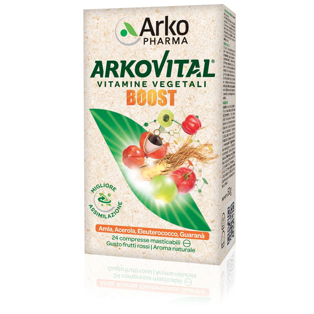 Confezione di Arkovital Boost. Scritta: Vitamine vegetali, Boost. Illustrati frutta ed erbe.