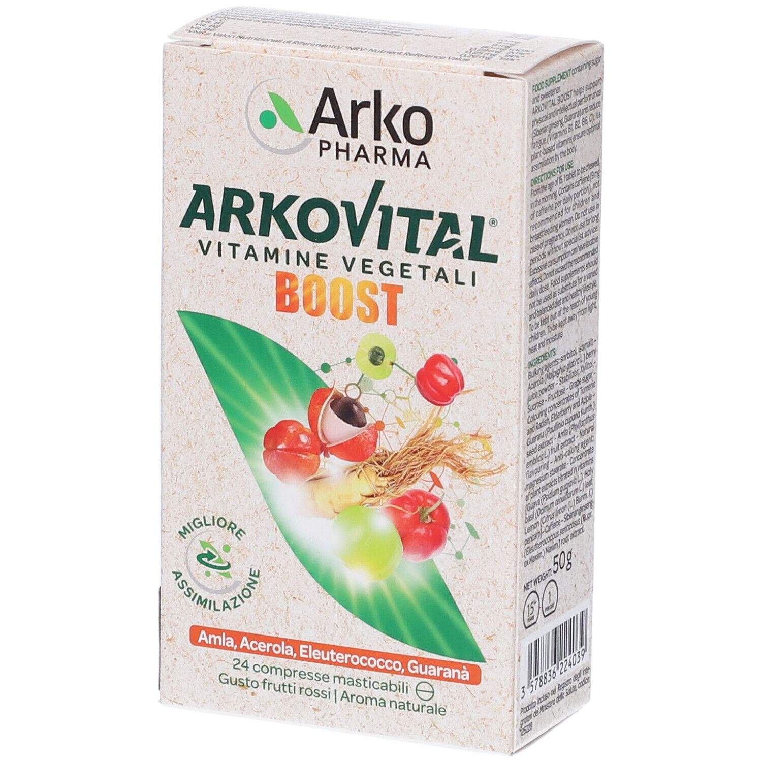 Confezione Arkovital Boost. Scritta: Vitamine vegetali, Boost. Illustrati frutta ed erbe. 50g.