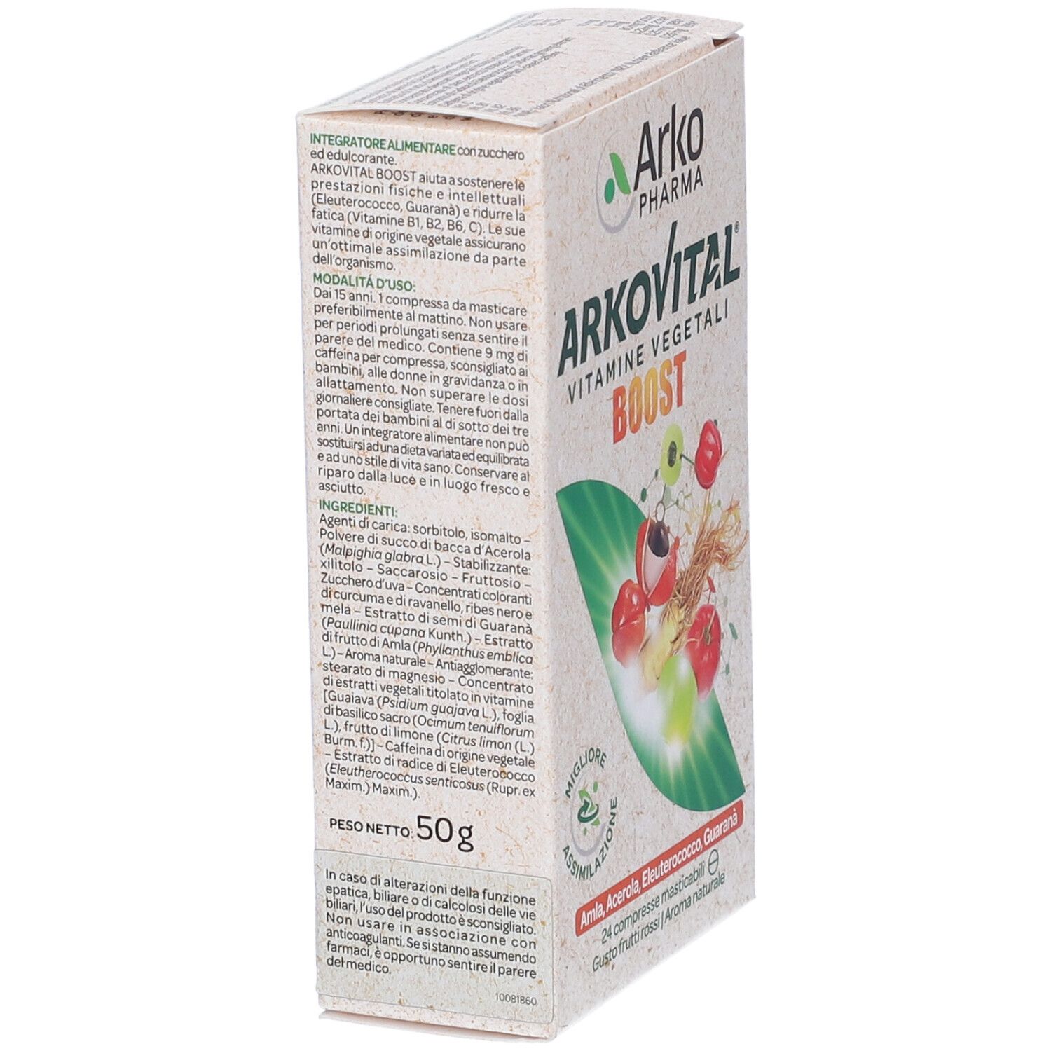 Confezione Arkovital Boost, vista laterale. Testo: ingredienti, uso. Scritta: Vitamine vegetali, Boost. 50g.