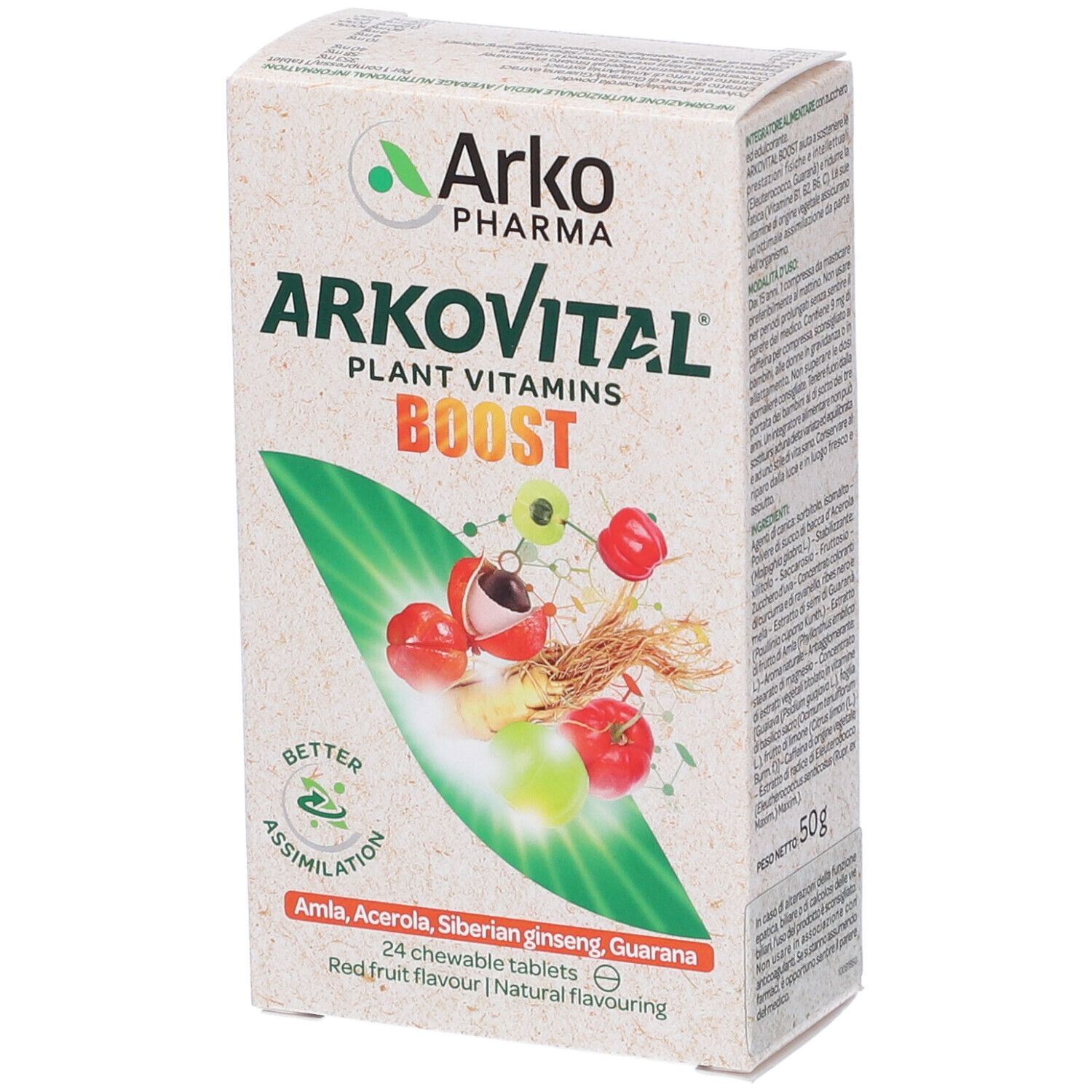 Confezione Arkovital Boost. Scritta: Plant Vitamins, Boost. Illustrati frutta ed erbe. 24 compresse.