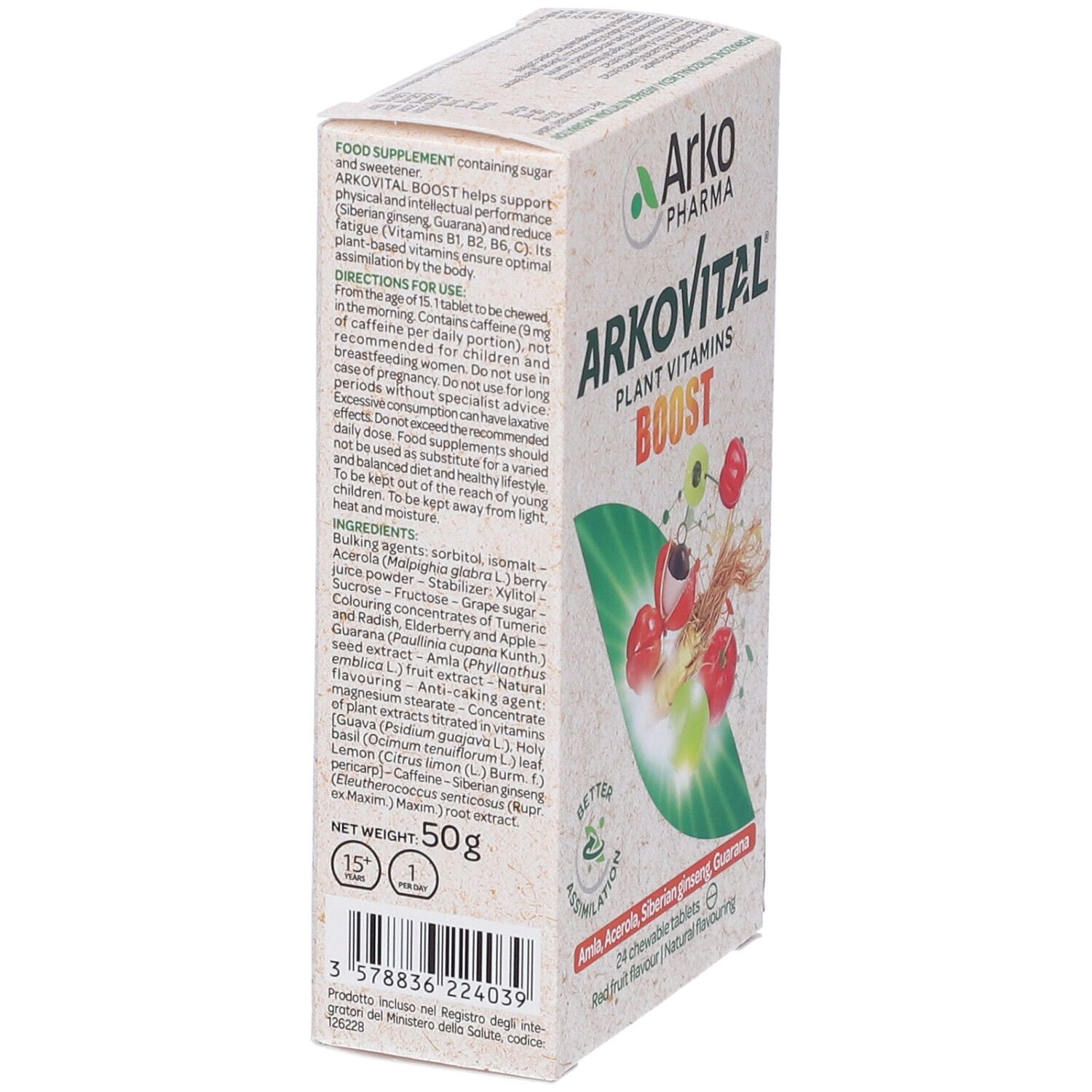 Confezione Arkovital Boost, vista laterale. Testo: ingredienti, uso. Scritta: Plant Vitamins, Boost. 50g.