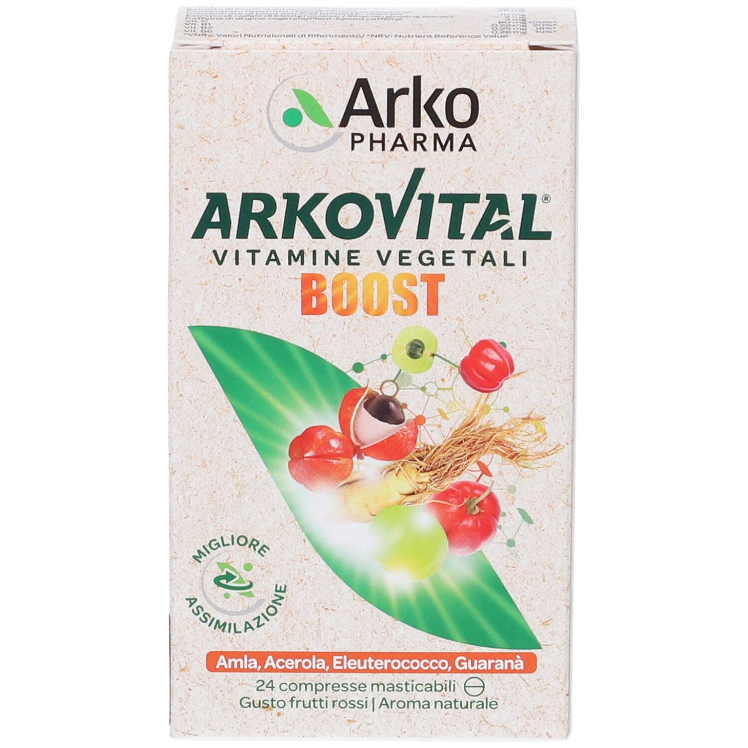 Confezione Arkovital Boost. Scritta: Vitamine vegetali, Boost. Illustrati frutta ed erbe. 24 compresse.