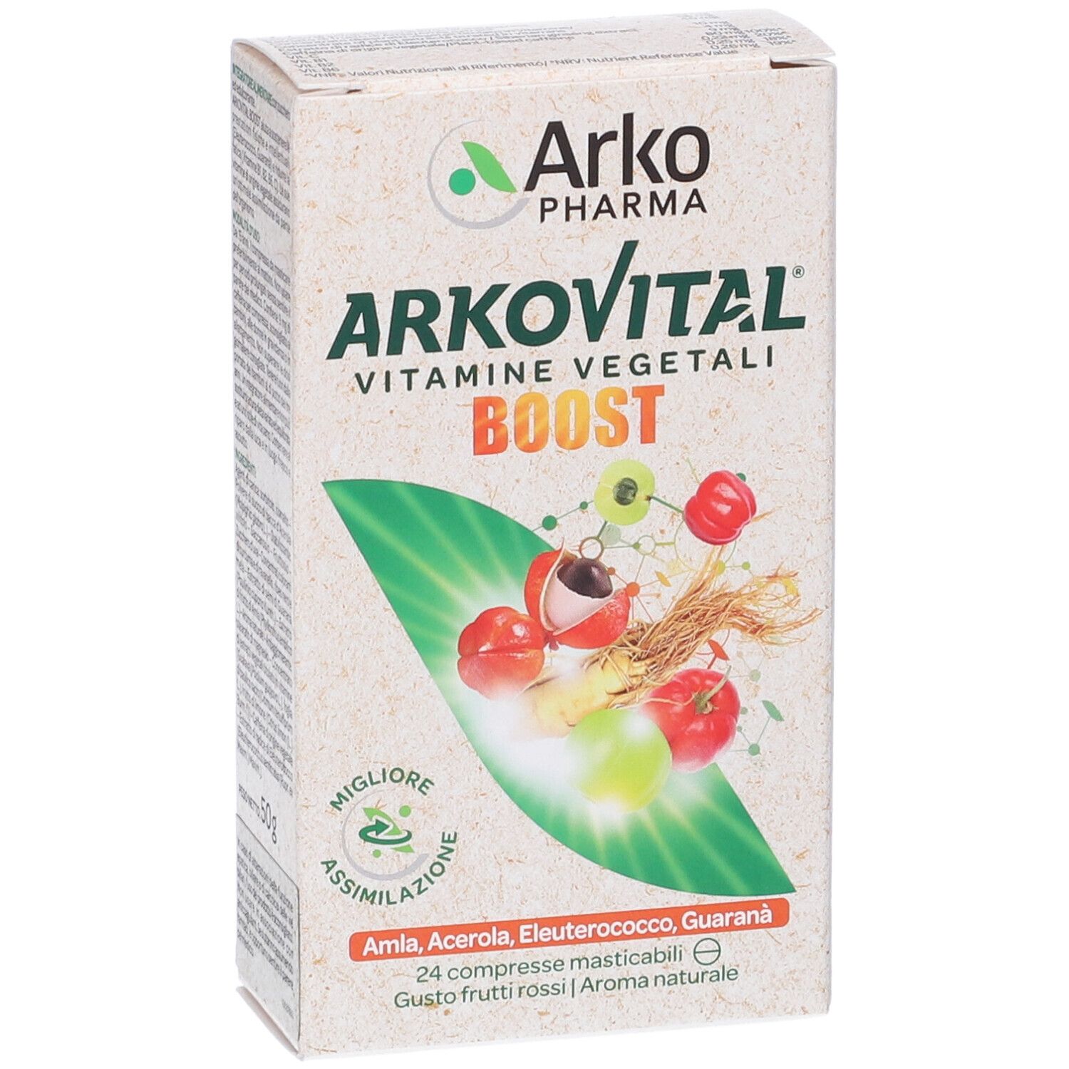 Confezione Arkovital Boost. Scritta: Vitamine vegetali, Boost. Illustrati frutta ed erbe. 24 compresse.