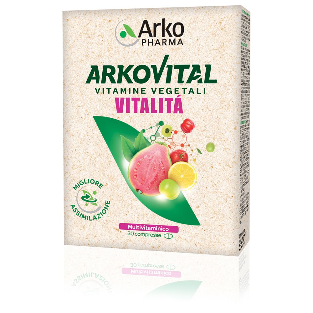 Scatola Arkopharma Arkovital Vitalita'. Scritta: Vitamine vegetali, 30 compresse. Illustrazione di frutta.