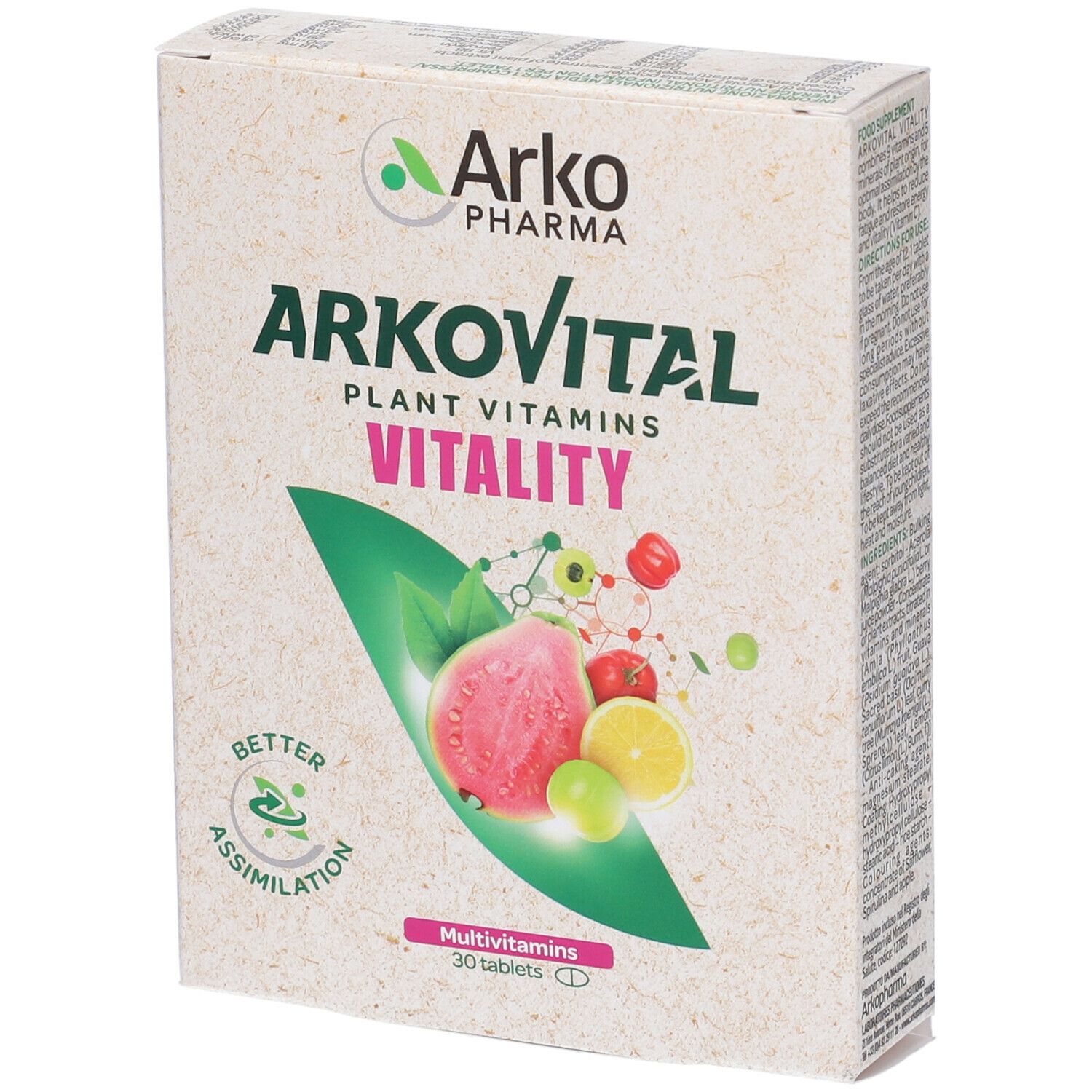 Scatola Arkopharma Arkovital Vitality. Scritta: Plant Vitamins, 30 compresse. Illustrazione di frutta.