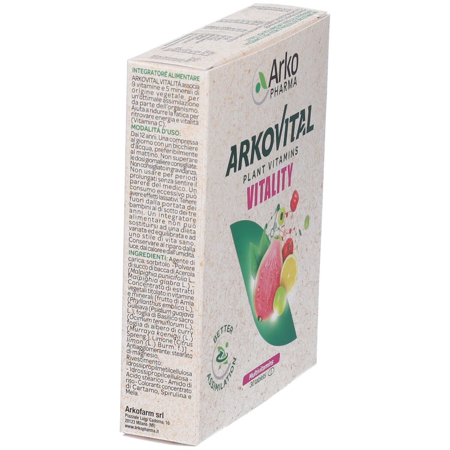 Scatola Arkopharma Arkovital Vitality. Scritta: Plant Vitamins. Vista laterale. Testo e illustrazione di frutta.