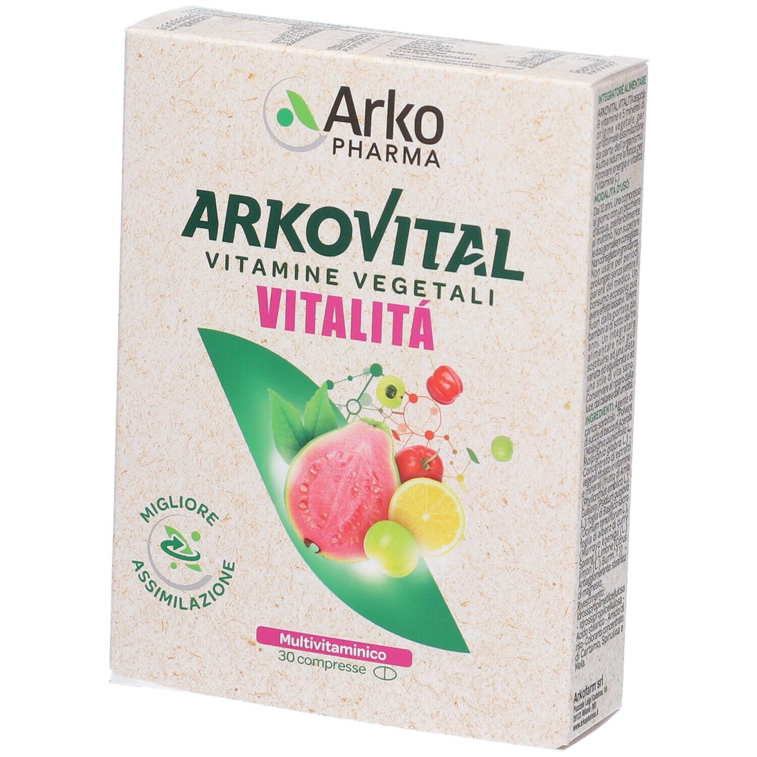 Scatola Arkopharma Arkovital Vitalita'. Scritta: Vitamine vegetali, 30 compresse. Illustrazione di frutta.