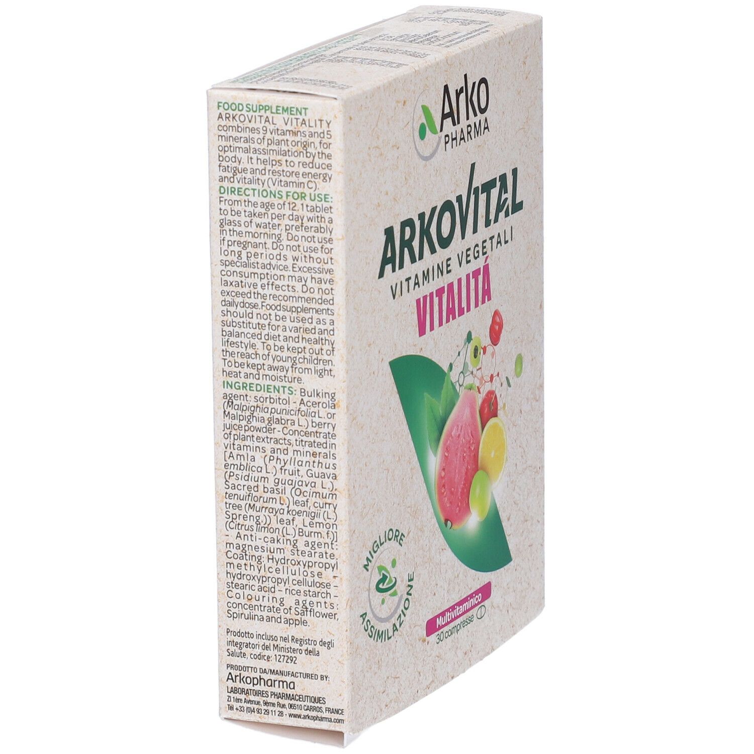 Scatola Arkopharma Arkovital Vitality. Scritta: Plant Vitamins. Vista laterale. Testo e illustrazione di frutta.