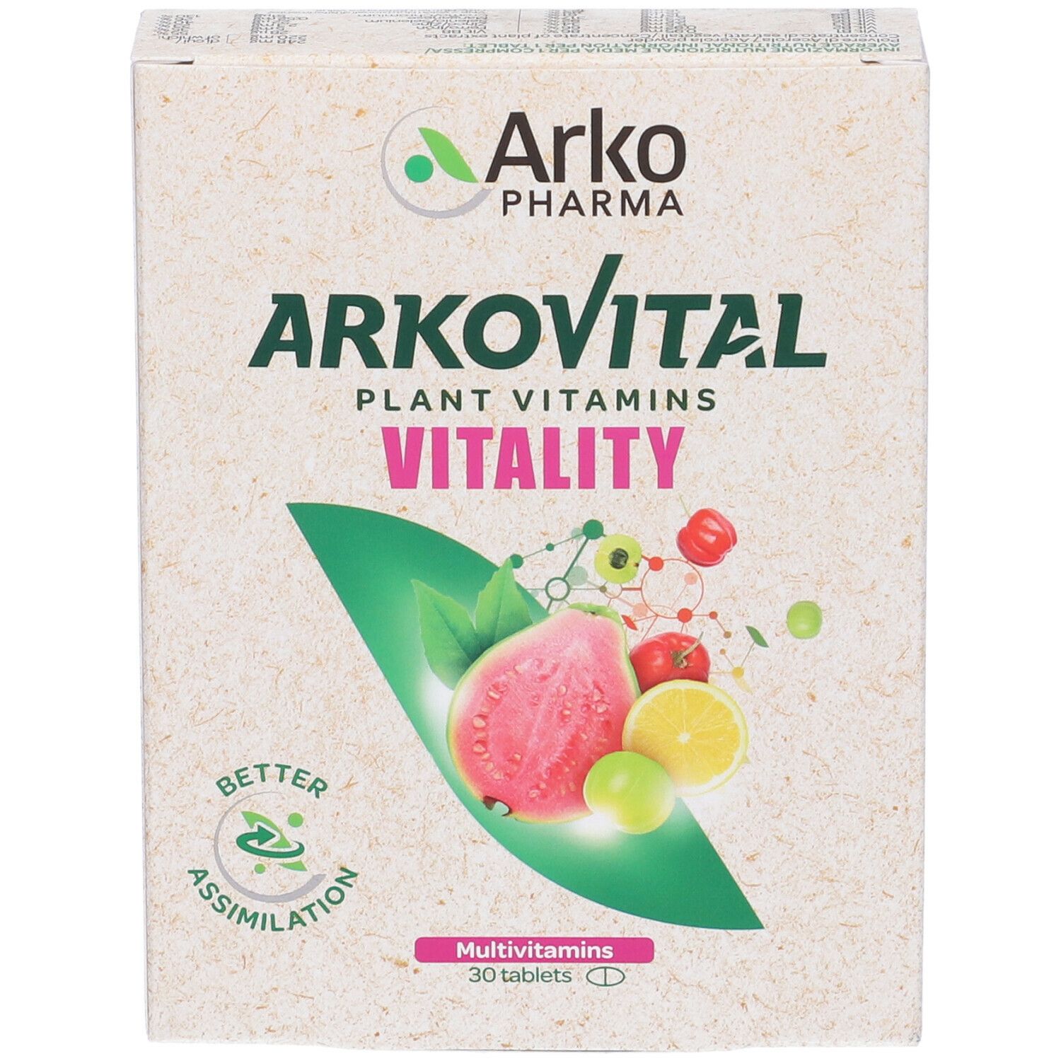 Scatola Arkopharma Arkovital Vitality. Scritta: Plant Vitamins, 30 compresse. Illustrazione di frutta.