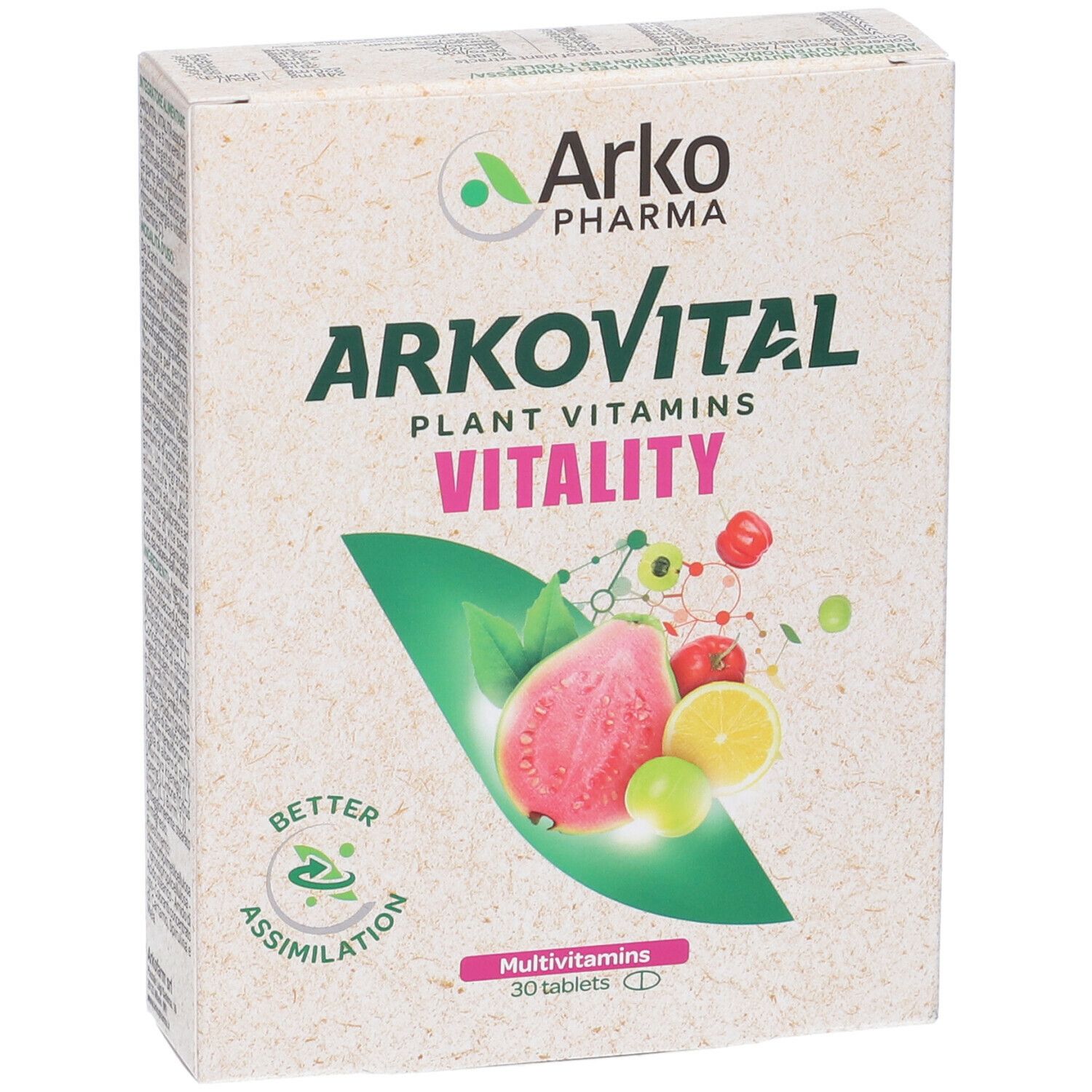 Scatola Arkopharma Arkovital Vitality. Scritta: Plant Vitamins, 30 compresse. Illustrazione di frutta.