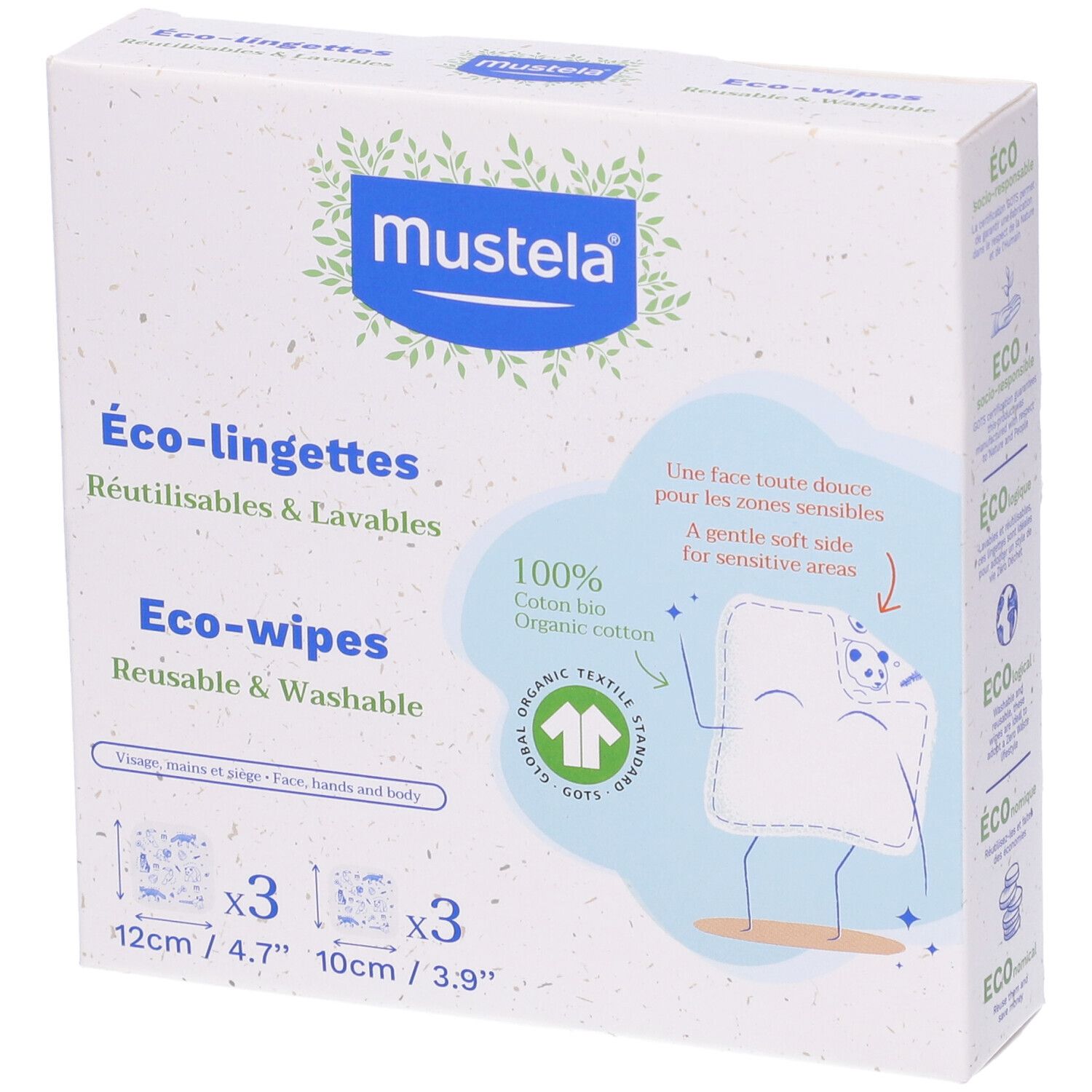 Scatola Mustela® Eco-salviette riutilizzabili e lavabili. 100% cotone bio. Dimensioni: 12cm/4.7" e 10cm/3.9".