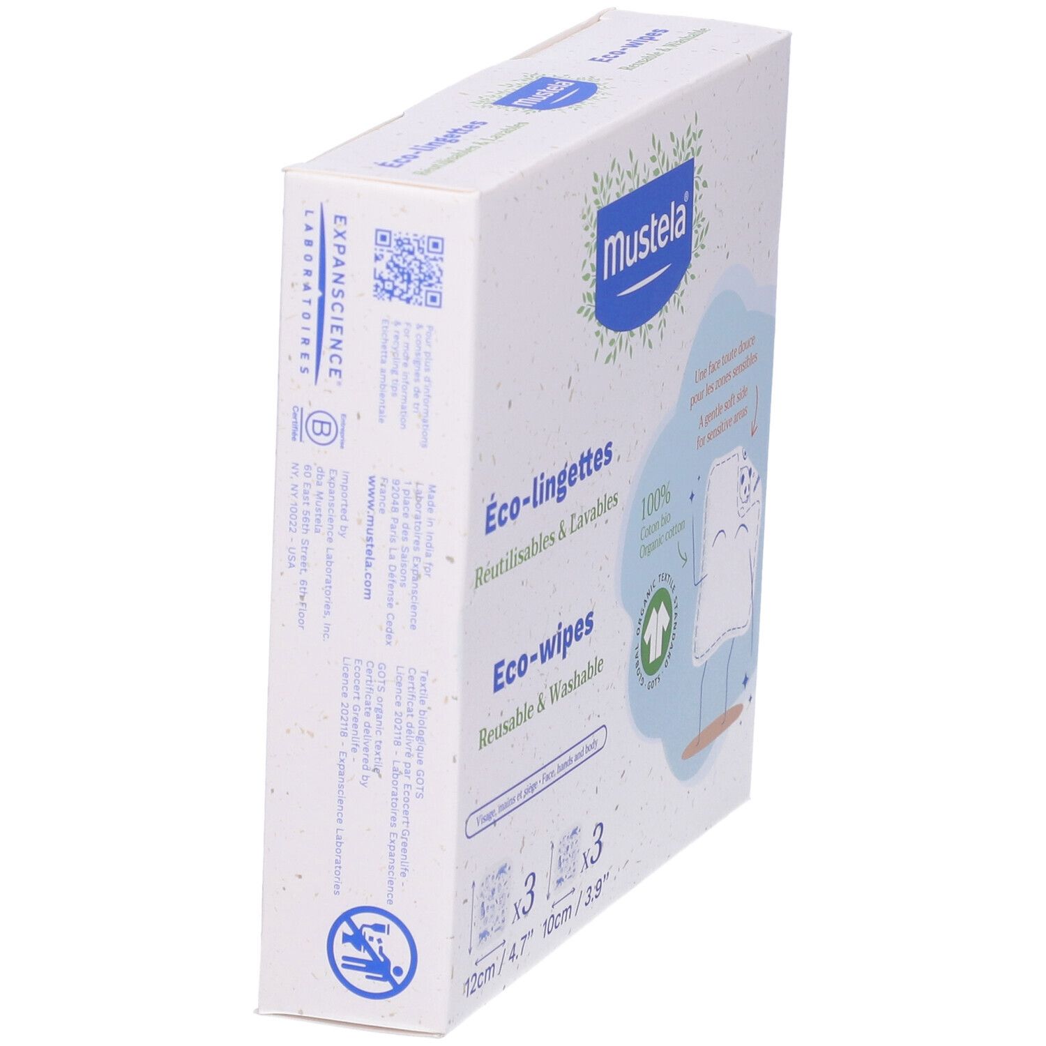 Scatola Mustela® Eco-salviette riutilizzabili e lavabili. 100% cotone bio. Dimensioni: 12cm/4.7" e 10cm/3.9".