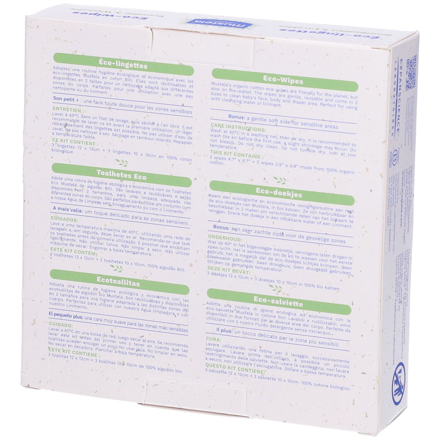 Scatola Mustela® Eco-salviette riutilizzabili e lavabili. 100% cotone bio. Dimensioni: 12cm/4.7" e 10cm/3.9".