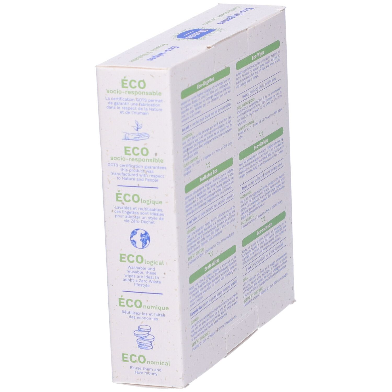 Scatola Mustela® Eco-salviette riutilizzabili e lavabili. 100% cotone bio. Dimensioni: 12cm/4.7" e 10cm/3.9".