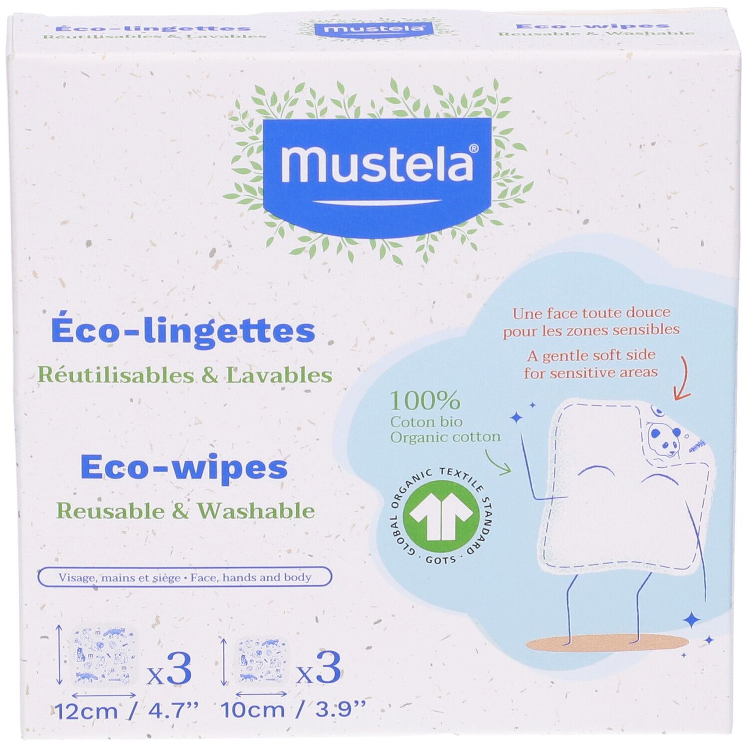 Scatola Mustela® Eco-salviette riutilizzabili e lavabili. 100% cotone bio. Dimensioni: 12cm/4.7" e 10cm/3.9".