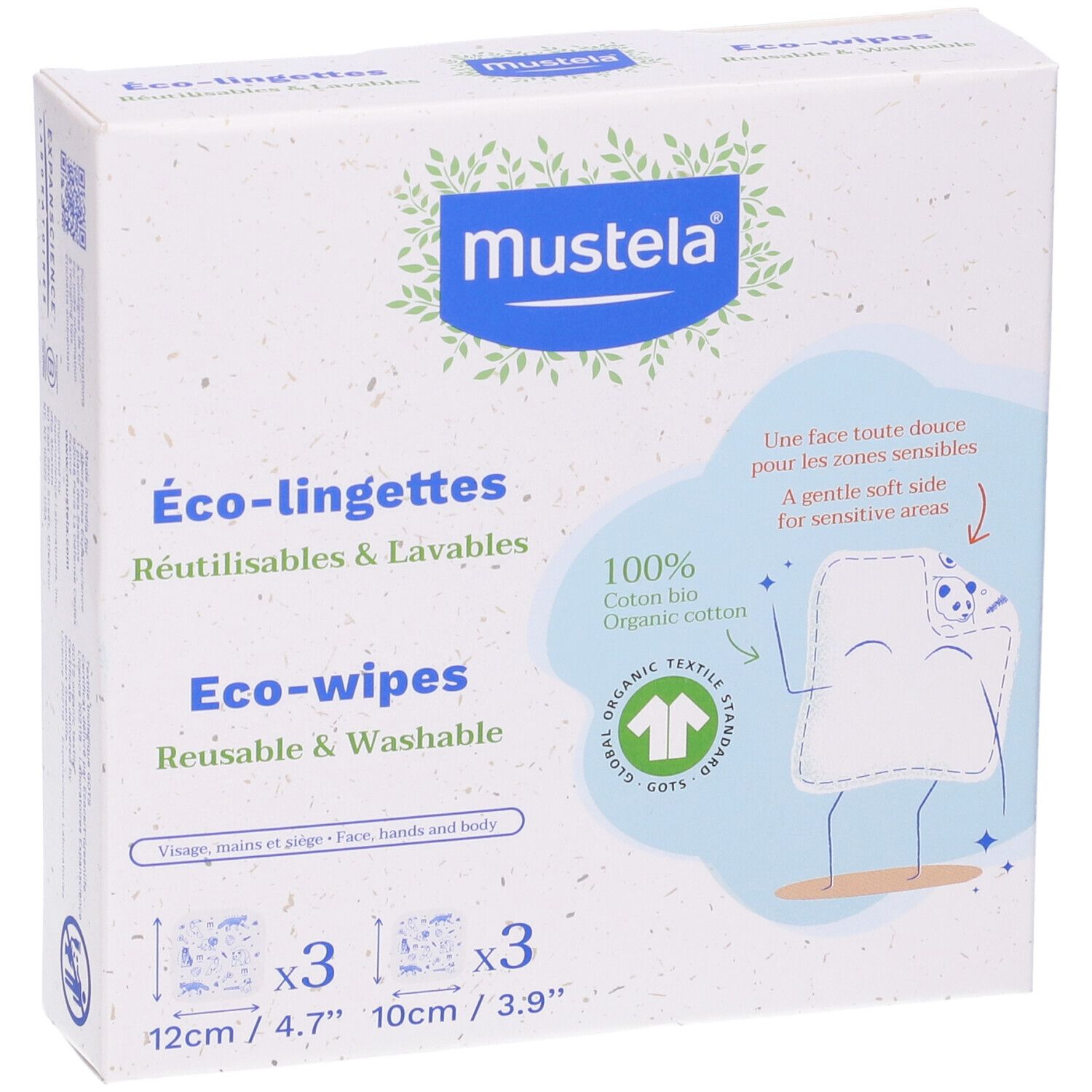 Scatola Mustela® Eco-salviette riutilizzabili e lavabili. 100% cotone bio. Dimensioni: 12cm/4.7" e 10cm/3.9".