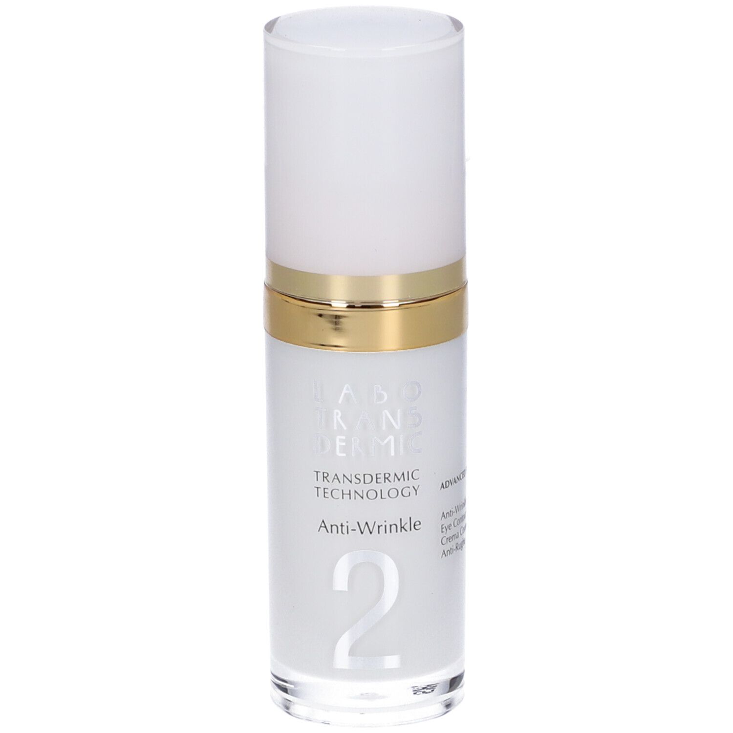 Flacone cilindrico bianco e oro. Scritta: Labo Transdermic, Anti-Wrinkle. Numero 2.