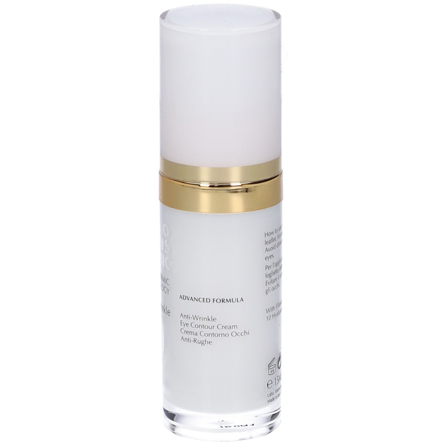 Retro del flacone. Testo: Advanced Formula, Anti-Wrinkle Eye Contour Cream, Anti-Rugh.