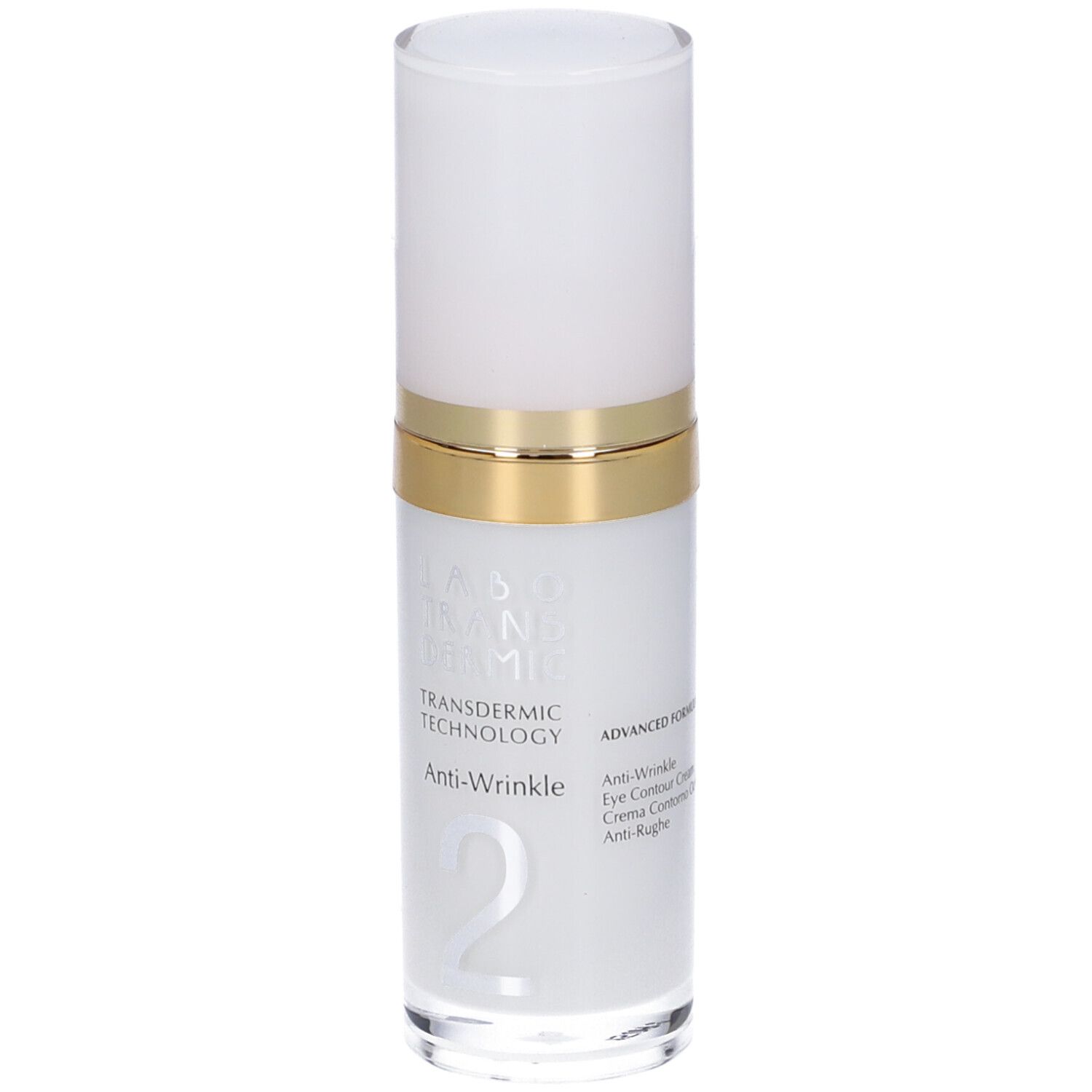 Flacone cilindrico bianco e oro. Scritta: Labo Transdermic, Anti-Wrinkle. Numero 2.