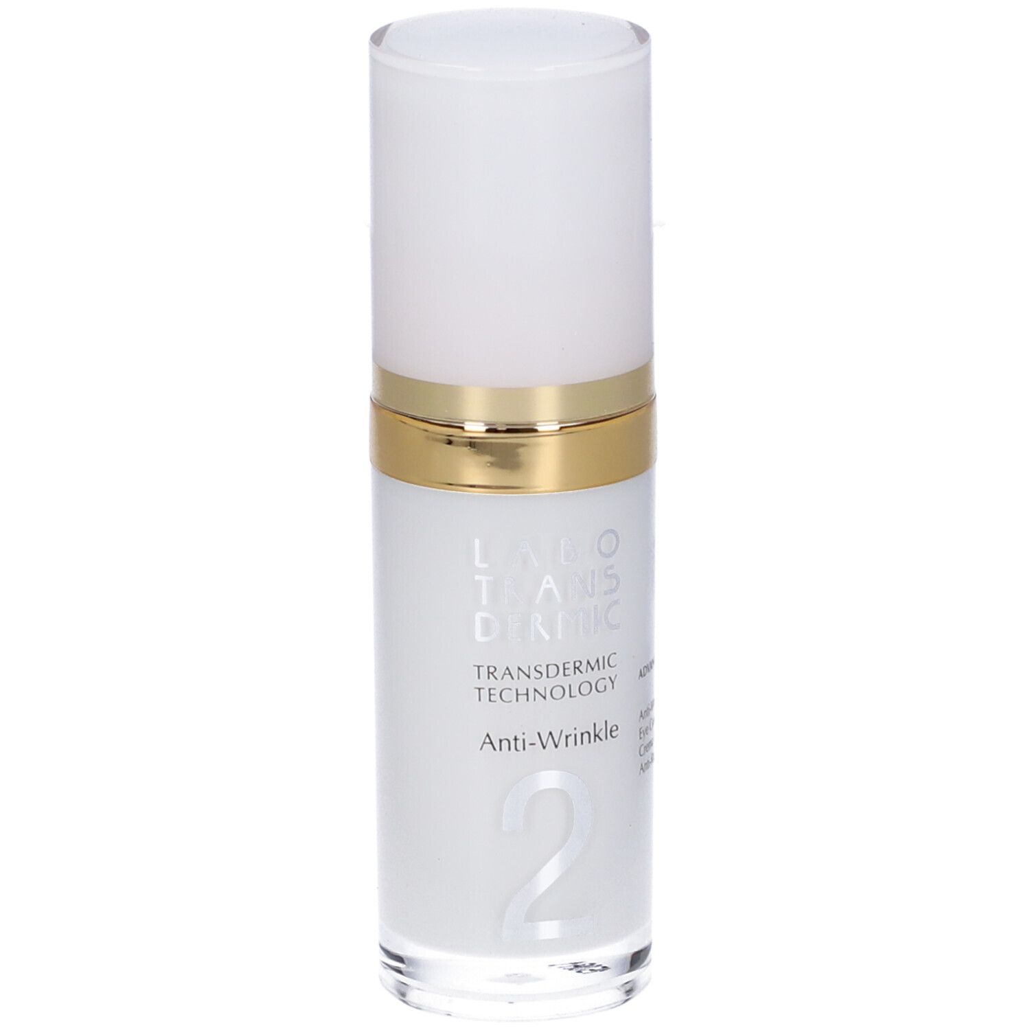 Flacone cilindrico bianco e oro. Scritta: Labo Transdermic, Anti-Wrinkle. Numero 2.
