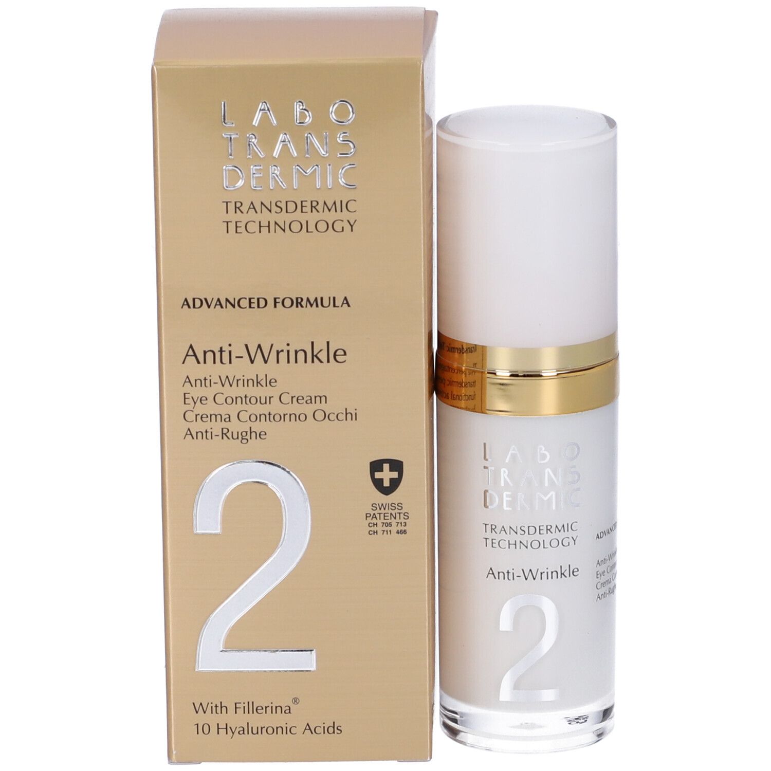 Prodotto e confezione. Scatola dorata e flacone. Scritta: Labo Transdermic, Anti-Wrinkle, Swiss Patents.